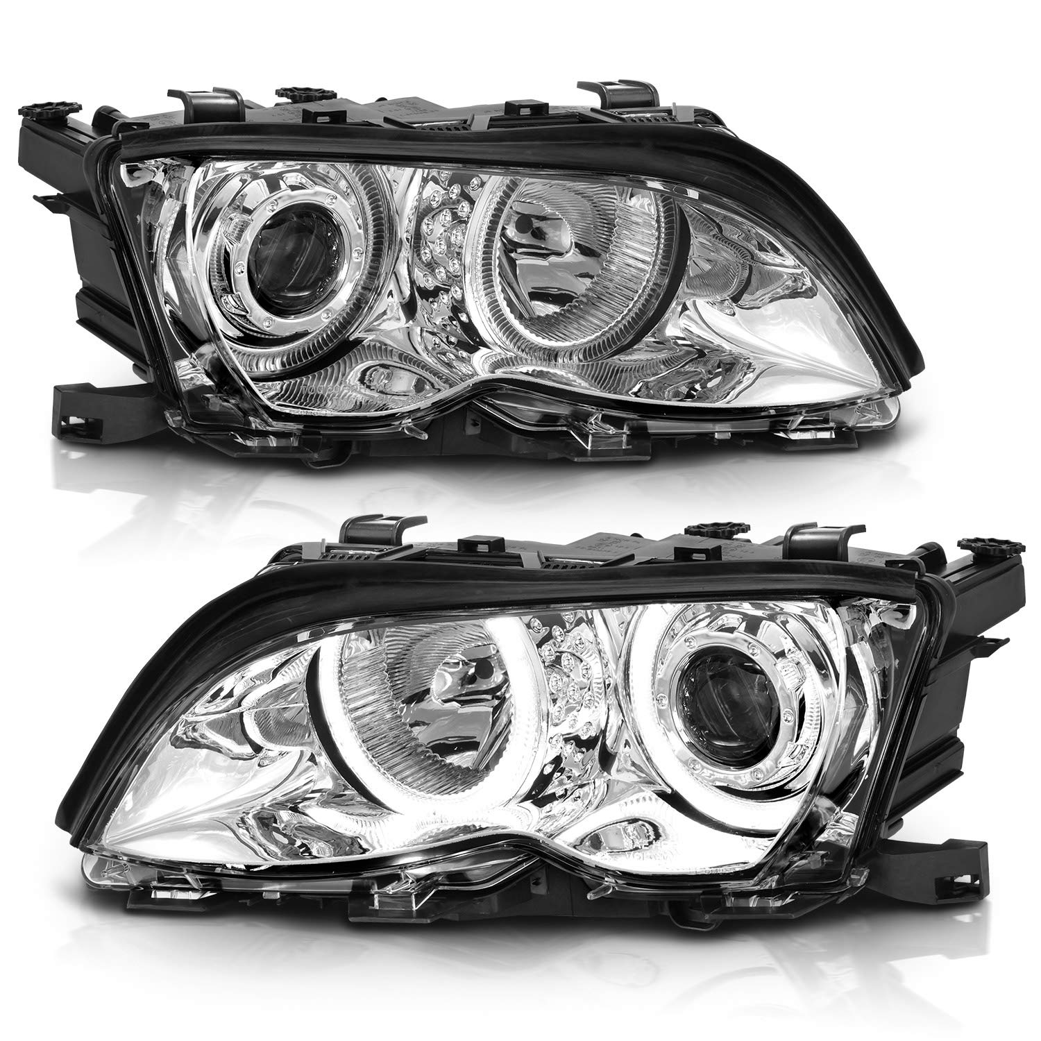AmeriLite BMW E46 Halo Projector Headlights - Chrome Pair for 02-05 Models - Upgrade Your Ride