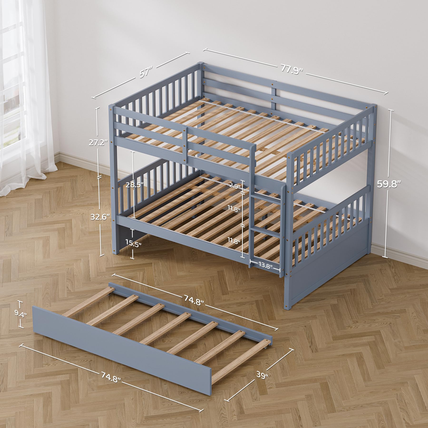 Full Over Full Bunk Bed with Trundle - Converts to 2 Full Size Platform Beds - Sturdy Ladder & Safety Rails for Teens & Adults - Modern Grey Finish - Perfect for Small Spaces, Guest Rooms & Dormitories