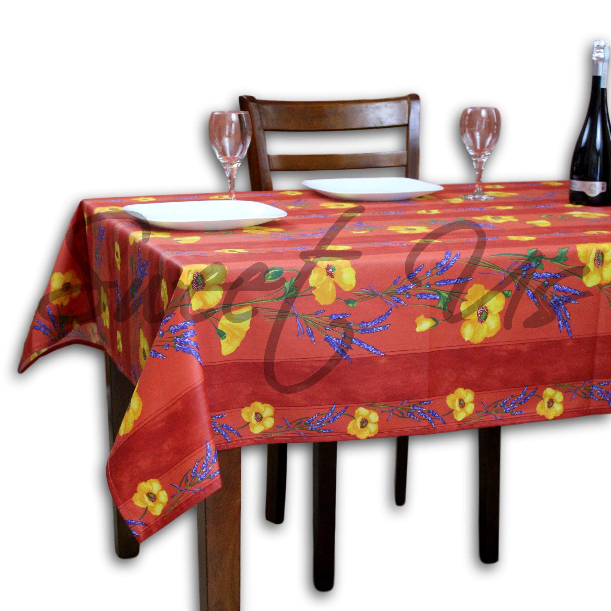 La Cigale Spillproof Wipeable Tablecloth - Acrylic Coated Floral Cotton French Provencal Design for Rectangle Tables (60x136 Inches) in Salmon Peach Poppy - Perfect for Dining Room, Kitchen, and Outdoor Gatherings