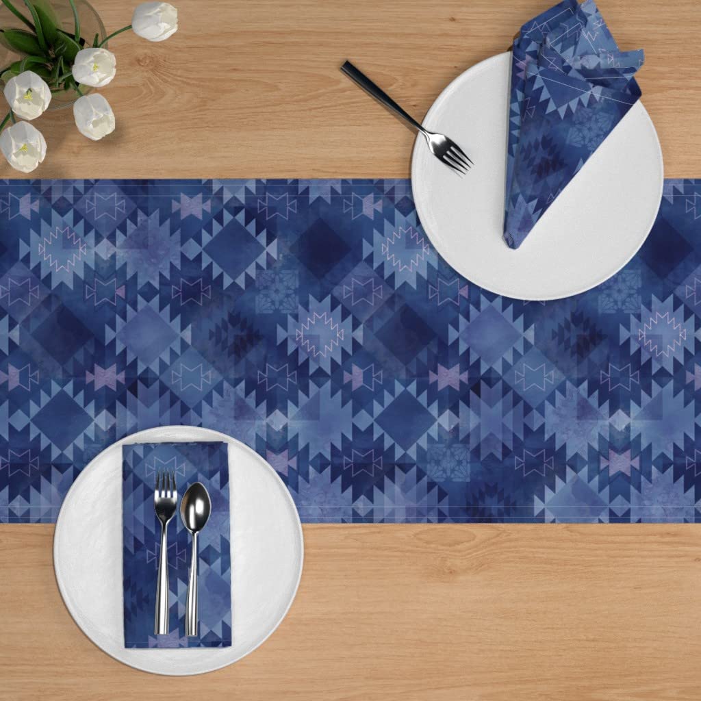 Custom Kilim Blue Violet Abstract Print Cotton Sateen Table Runner 90