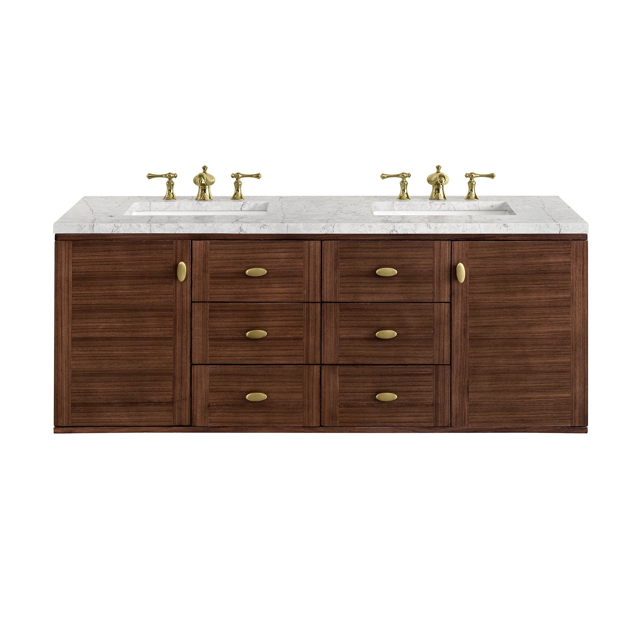 Amberly 60 Inch Double Bathroom Vanity with 3CM Eternal Jasmine Pearl Top - Mid Century Modern Walnut Design for Master Bathroom or Guest Bath Remodel