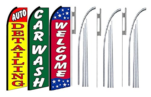 OnPoint Wares 3-Pack Car Detailing Welcome King Feather Flag Kit with Pole & Ground Spike - Perfect for Auto Shops, Car Washes & Detailing Businesses
