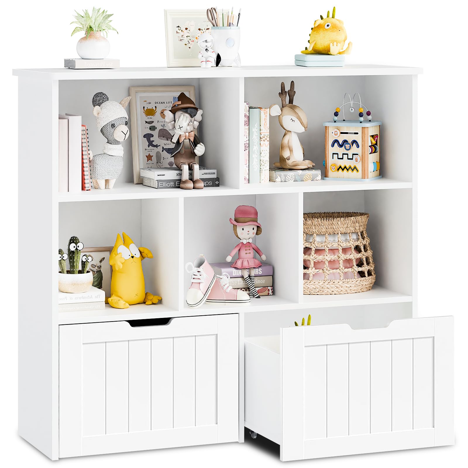 Multifunctional White Toy Storage Organizer with 2 Movable Drawers & 5 Storage Cubbies - Kids Bookshelf, Toy Chest with Hidden Wheels for Playroom Organization | Perfect for Nursery, Daycare & Home Play Areas