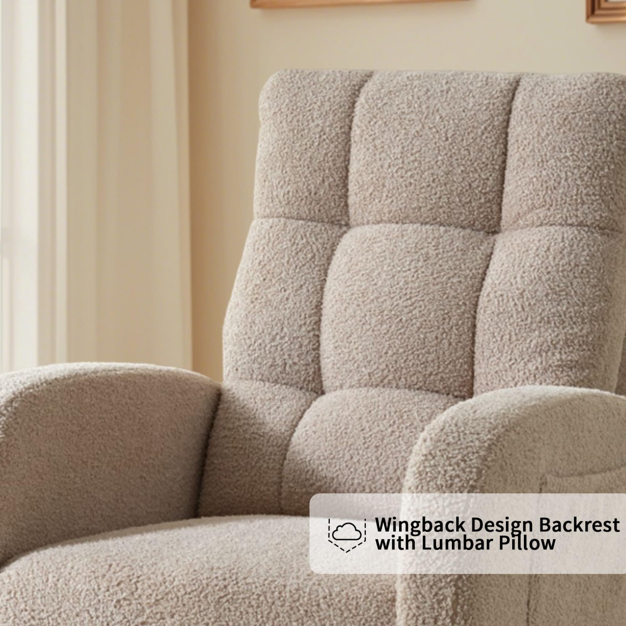 **Adjustable Nursery Rocking Chair with Footrest – Solid Wood Legs, Teddy Fabric, High Backrest & Side Pockets – Comfortable Lounge Armchair for Living Room, Nursery, or Bedroom (Light Coffee)**    *(Perfect for nursing, reading, relaxing, or as a stylish accent chair in your home decor.)*