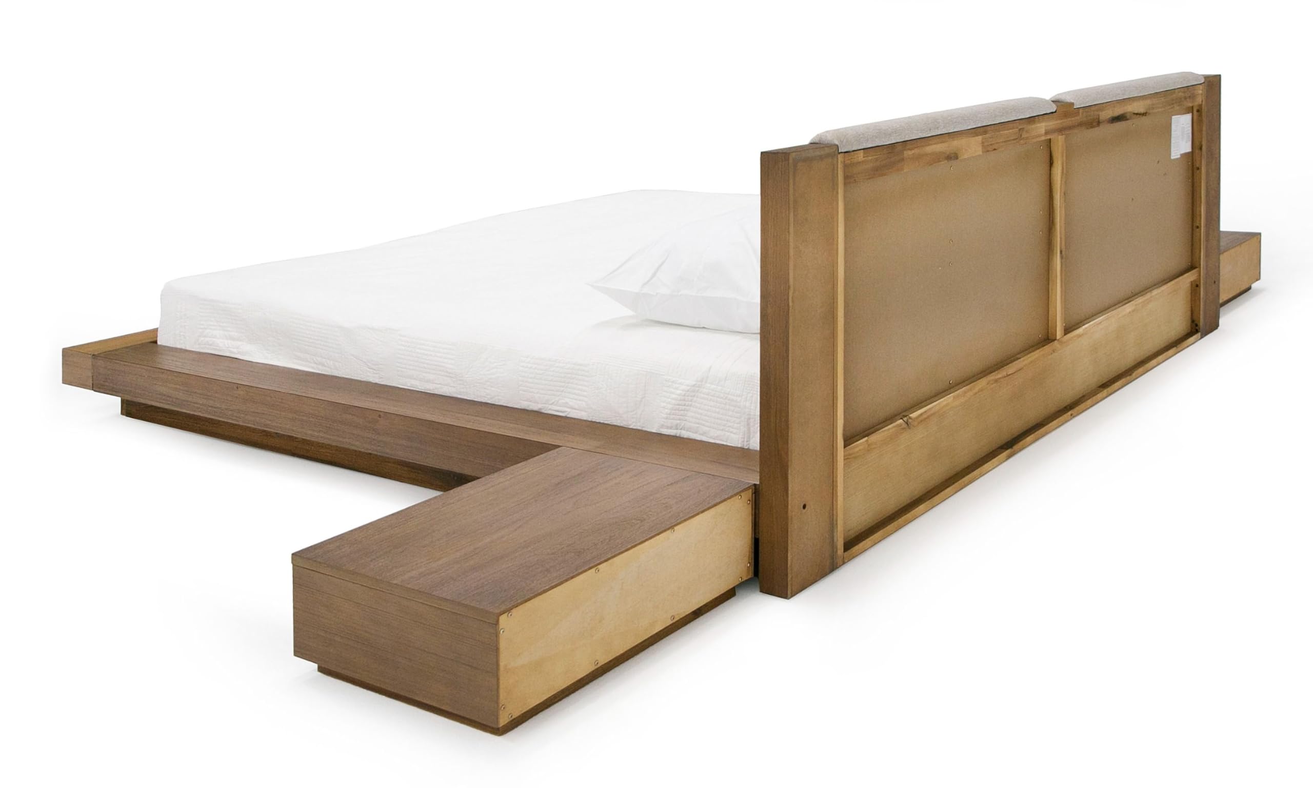 Gerda Collection Contemporary Solid Acacia Wood Veneer King Bed & 2 Nightstands 3-Piece Set - Light Walnut & Light Gray Polyester Upholstery | Perfect for Modern Master Bedrooms & Guest Rooms