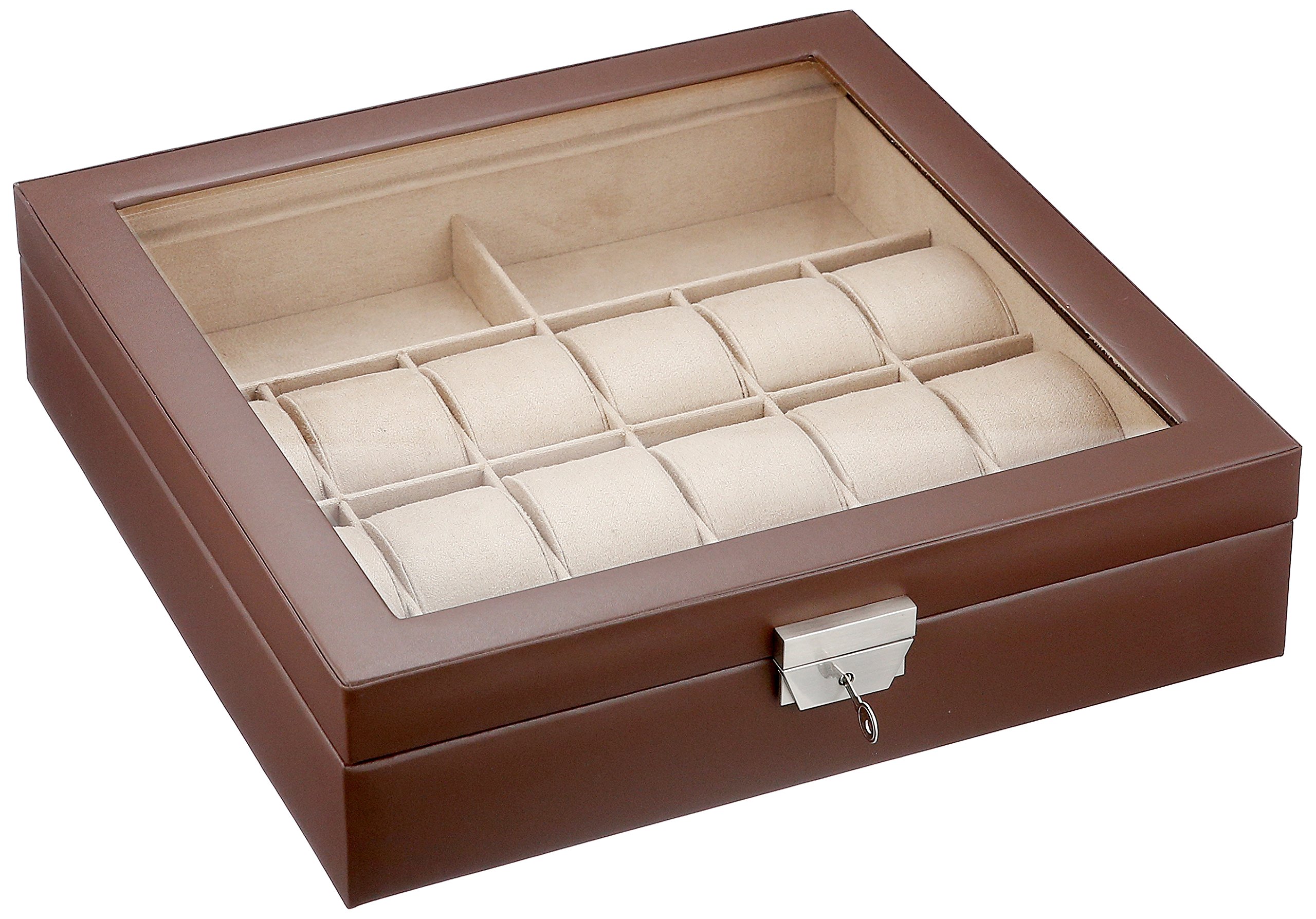 Premium Leather Watch Jewelry Valet Box - Large Single Level with XL Compartments & Glass Window (Brown) - Perfect for Watch Collection Display & Jewelry Organization at Home or Office