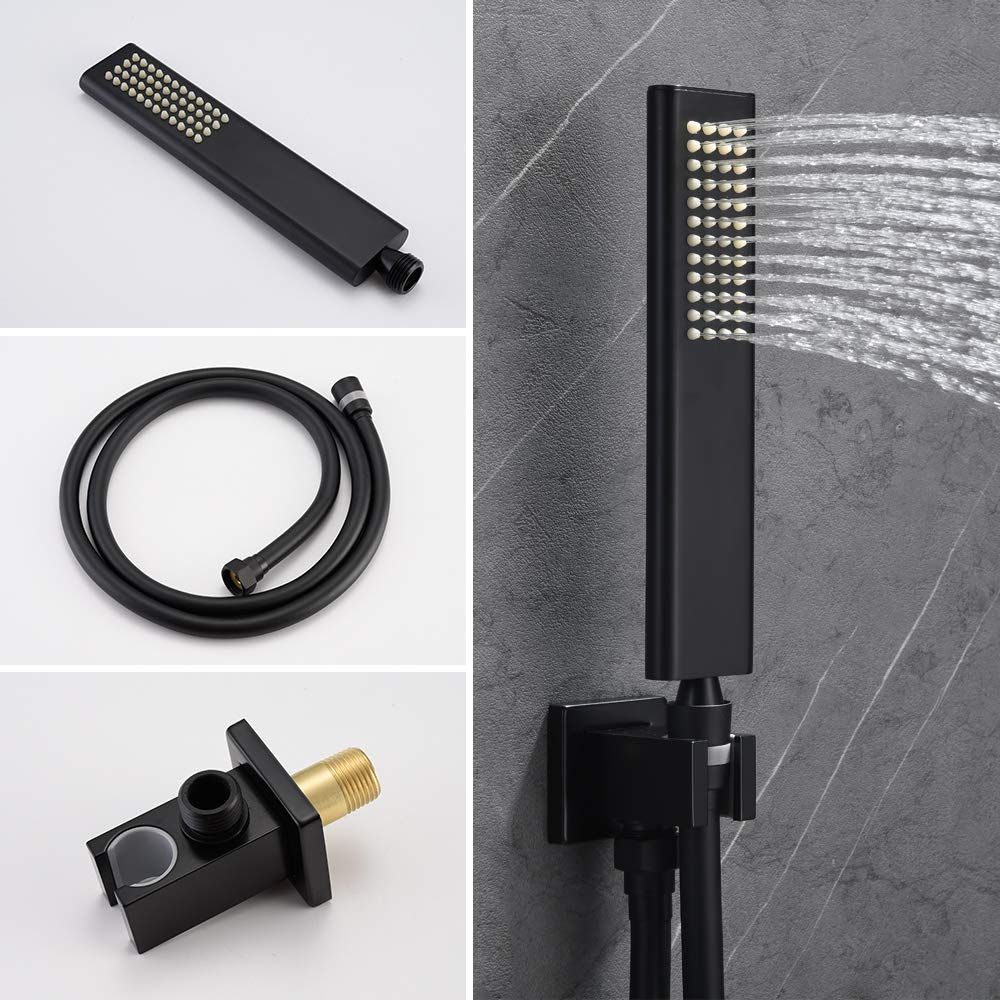 Matte Black Shower Set - 10 Inch High Pressure Rain Shower Head with Handheld & Mixer Valve | Modern Bathroom Shower System with Pressure Balance Valve & Trim Kit | Perfect for Spa-Like Experience & Water Conservation