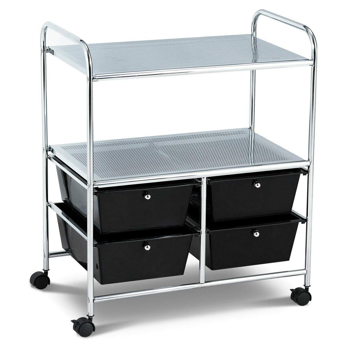 Black 4-Drawer Rolling Storage Cart with 2 Open Shelves - Organize Towels, Toiletries, Books & Office Supplies - Perfect for Kitchen, Bathroom, Living Room & Office Organization