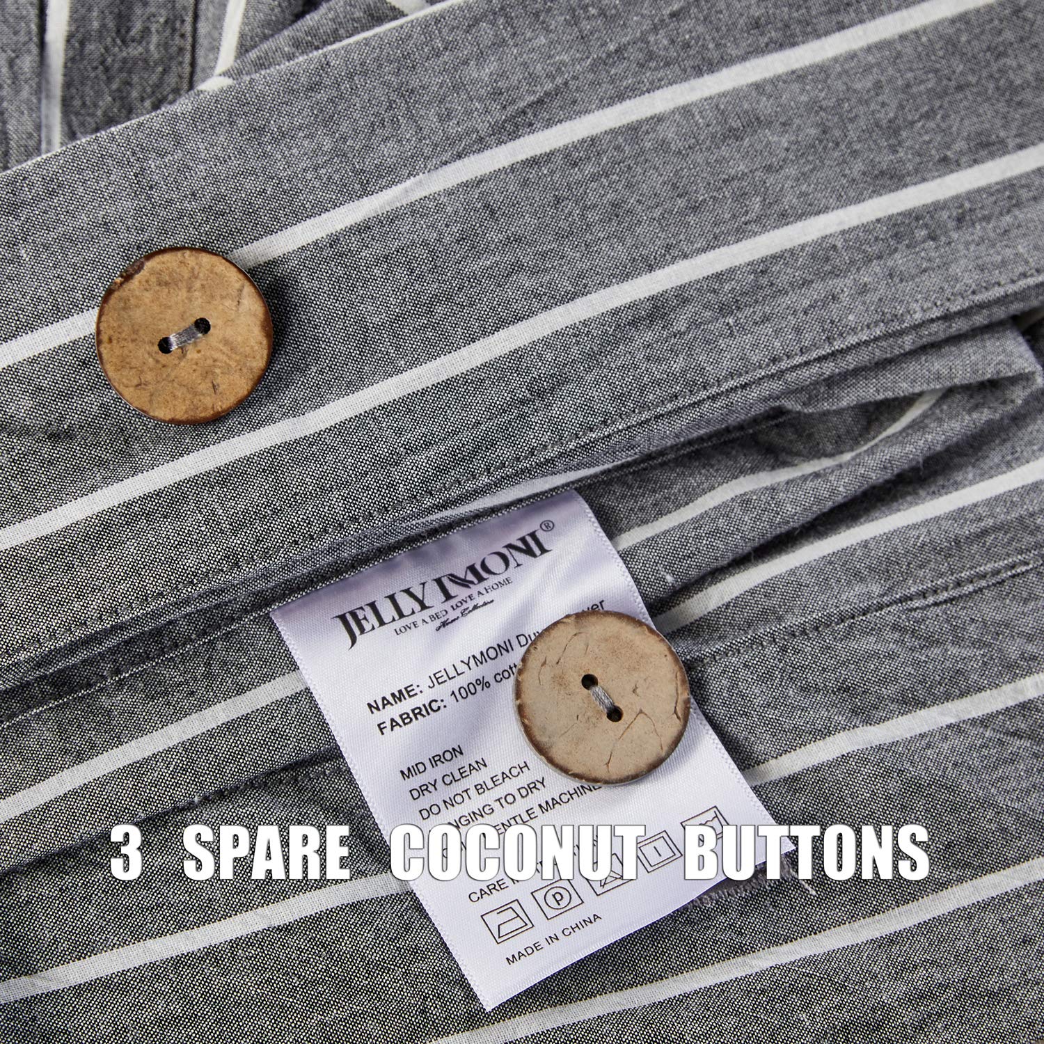 JELLYMONI 100% Washed Cotton Linen-Like Duvet Cover Set - 3 Piece Luxury Soft Bedding Set with Button Closure, Grey Stripes King Size (Comforter Not Included) - Perfect for Master Bedrooms, Guest Rooms & Cozy Home Decor
