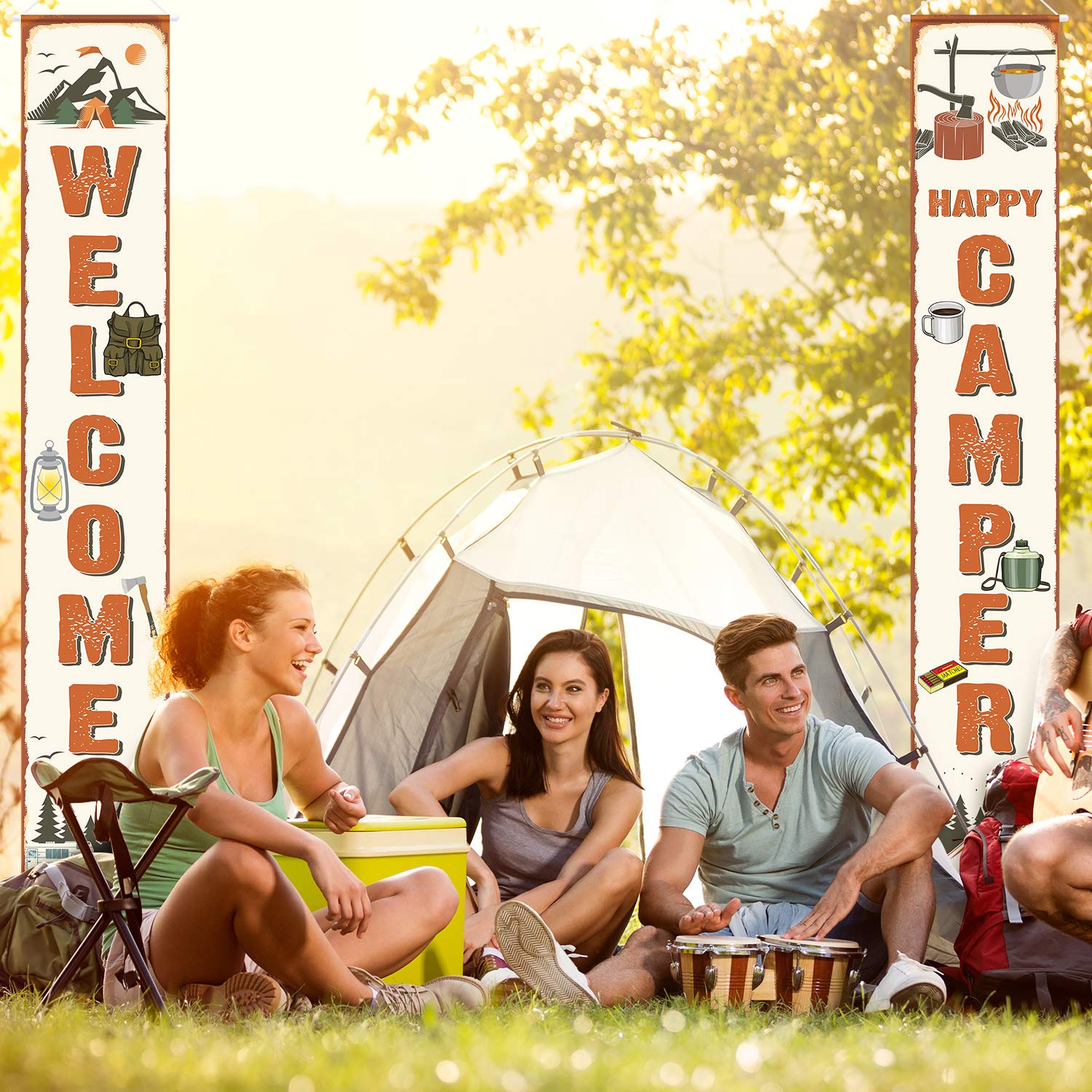 2 Pack Camping Party Banner Decorations - Welcome Porch Sign for Camping Themed Birthday, Baby Shower & Outdoor Events - Perfect for Backyard Parties, RV Camping & Glamping Decor