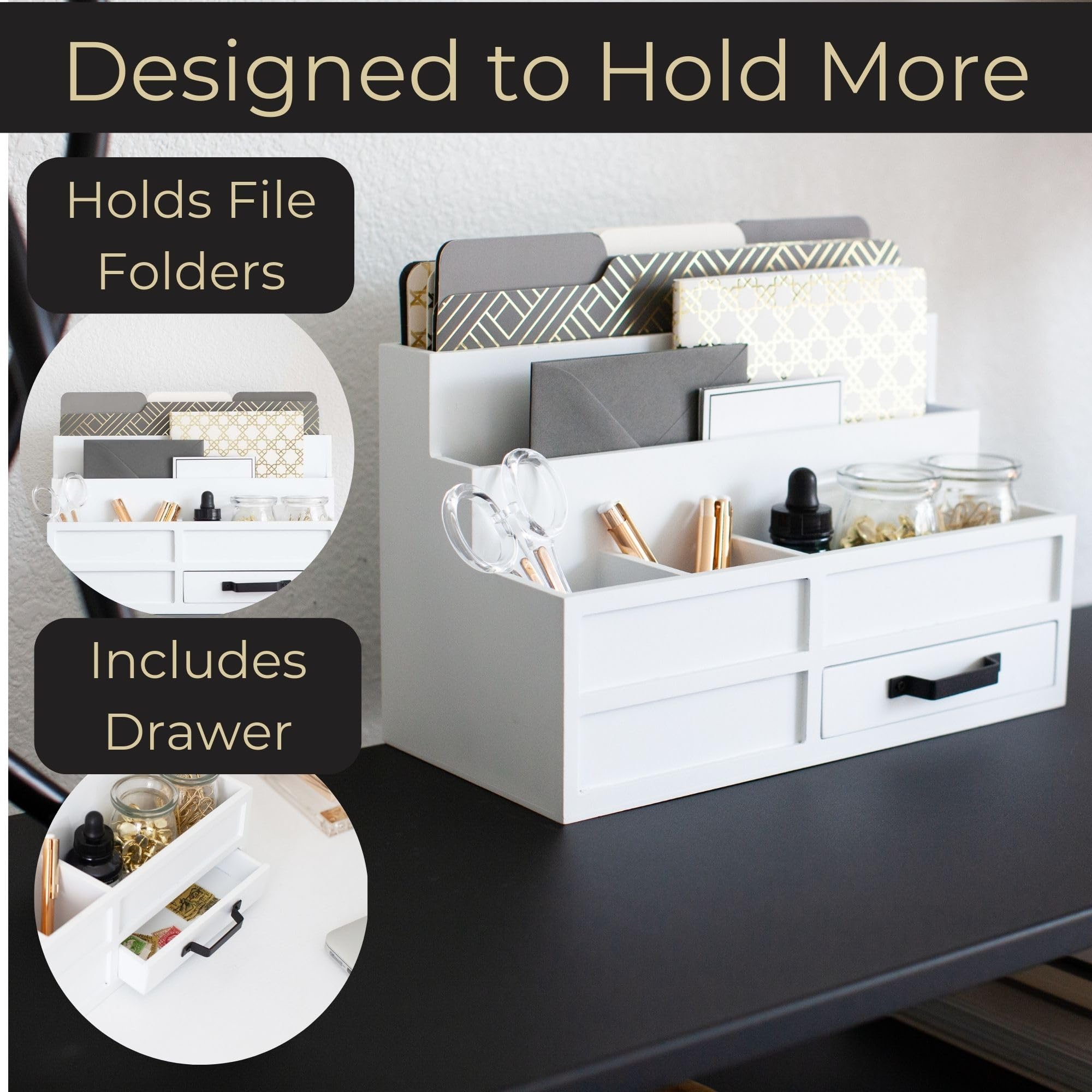 BLU MONACO White Wooden Desktop Organizer with Drawer - Office Desk Paper Tray for Bills, Mail & Documents - Perfect for Home Office, Workspace & Countertop Organization