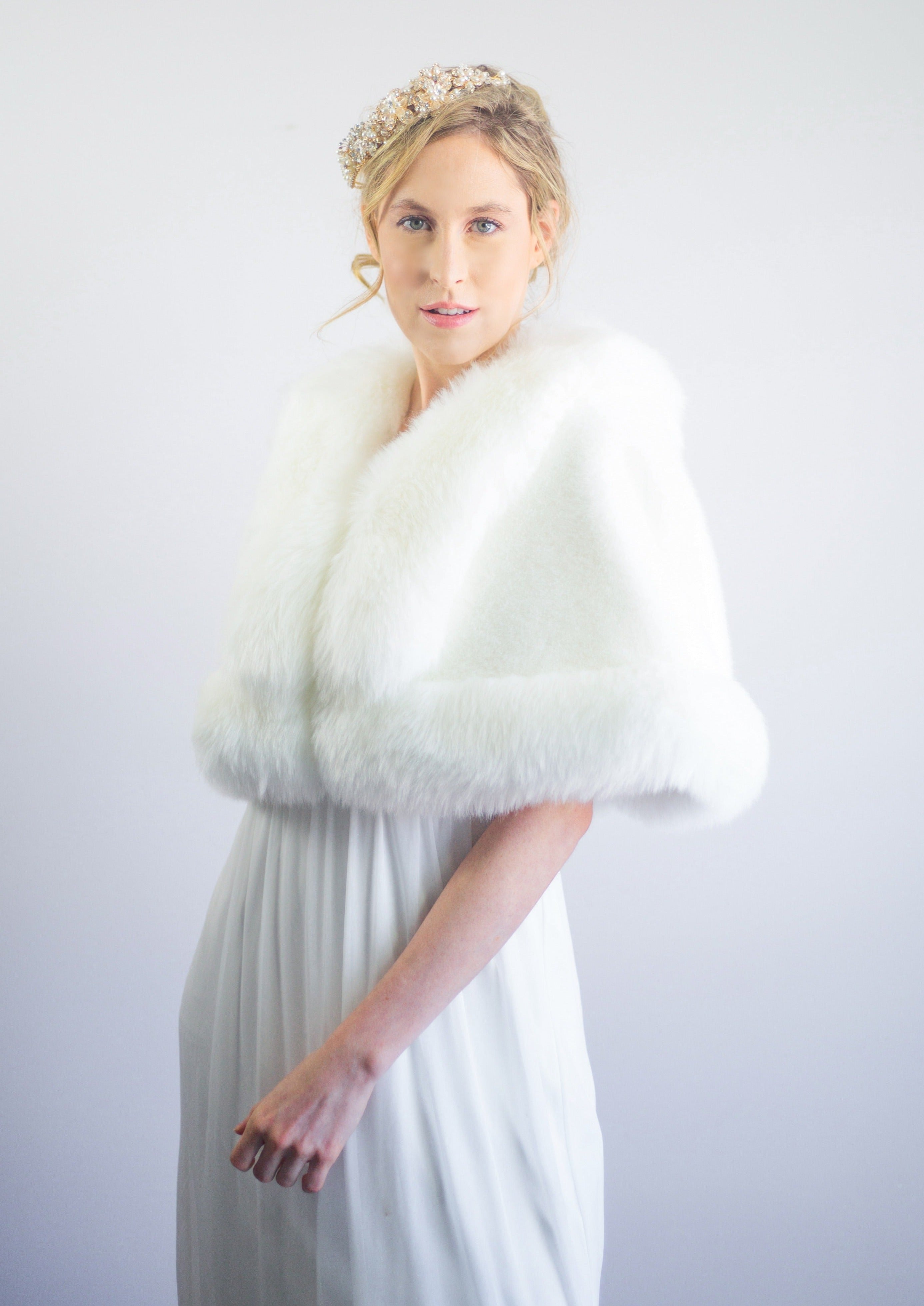 Ivory White Faux Fur Bridal Cape - Elegant Wedding Shawl for Bride (Georgina Wht01) | Perfect for Winter Weddings, Photo Shoots & Formal Events