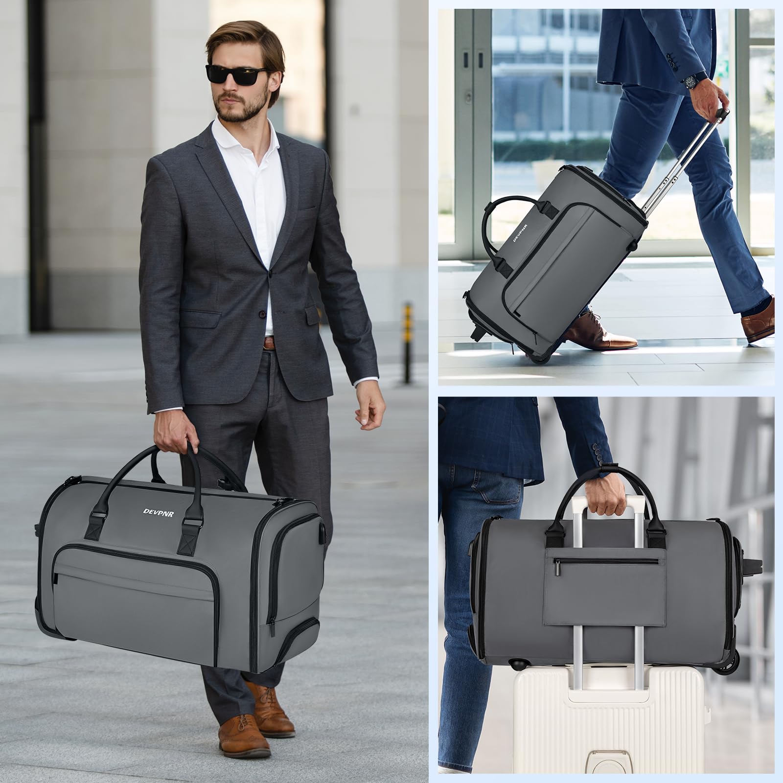 59L Rolling Garment Bag for Travel - Convertible 3-in-1 Carry On Duffle with Wheels & Shoe Compartment (Gray) | Perfect for Business Trips, Weddings & Airplane Carry-On Luggage