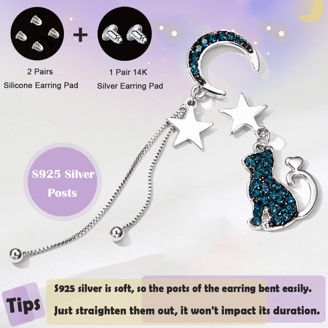Cute Space Cat Moon Star Themed Dangle Earrings for Women & Girls - Mismatched Sterling Silver Stud Drop Earrings with S925 Silver Post - Perfect for Parties, Gifts & Everyday Fashion