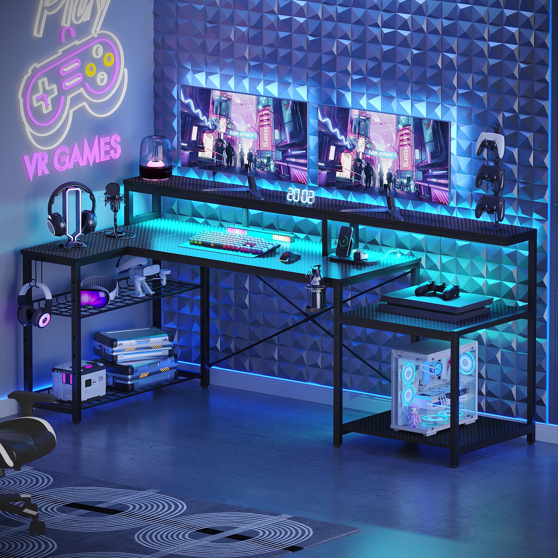 Bestier L-Shaped Gaming Desk with Power Outlets & LED Lights - Black Corner Computer Desk with Storage Shelf & Headset Hooks - Perfect for Home Office, Streaming Setup & Esports Gaming Stations