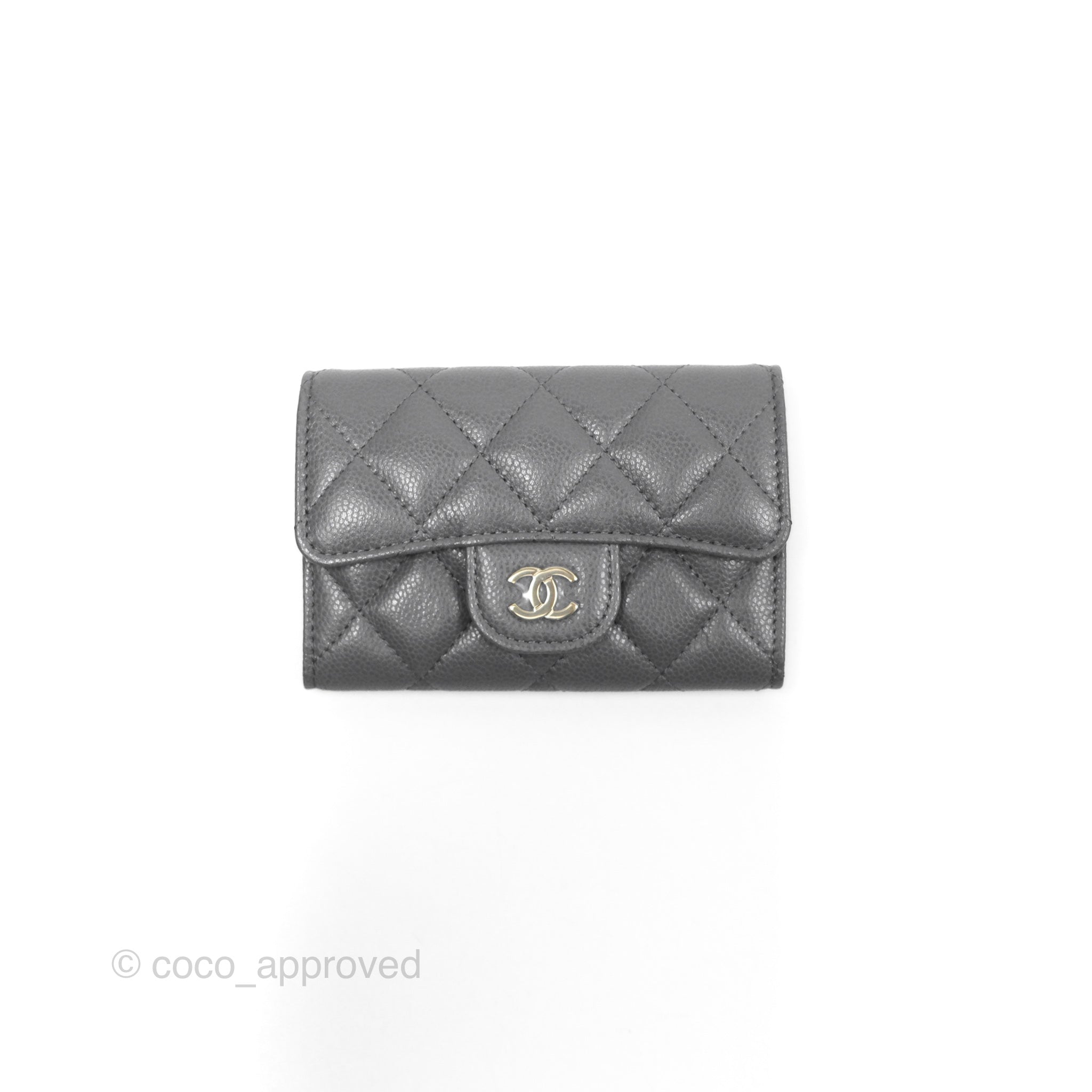 Chanel Classic Flap Card Holder Wallet - Dark Grey Caviar Leather with Gold Hardware | Luxury Compact Wallet for Women, Perfect for Everyday Use & Travel