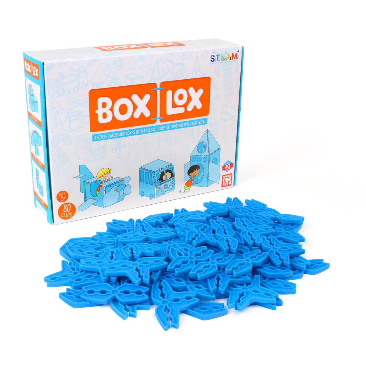 Atwood Toys Box Lox 80-Piece Creative Cardboard Building Kit - STEM Educational Construction Toys for Kids, Boys & Girls (Blue) | Perfect for Classroom Activities, Birthday Gifts & Creative Play