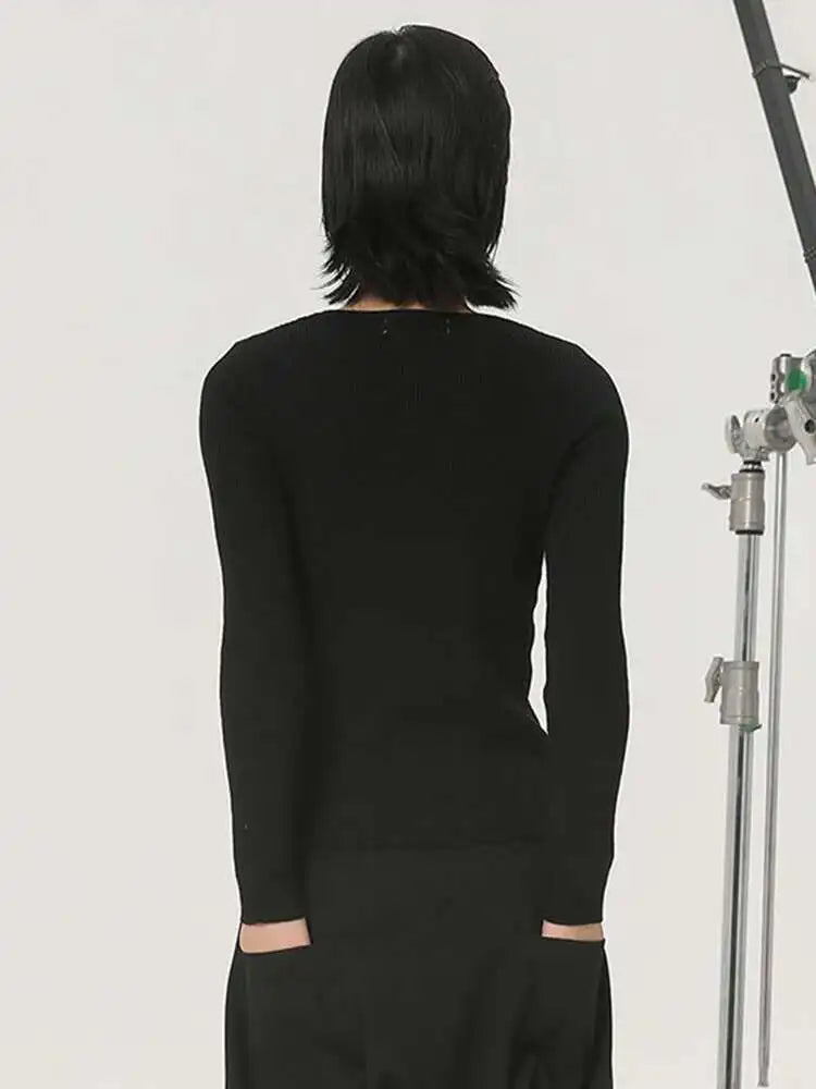 Black Slim Knit Sweater for Women - Round Neck Long Sleeve Pullover | Fashion Block Design for Spring & Autumn 2025 (Style 1DH2083) | Perfect for Office Wear, Casual Outings & Date Nights