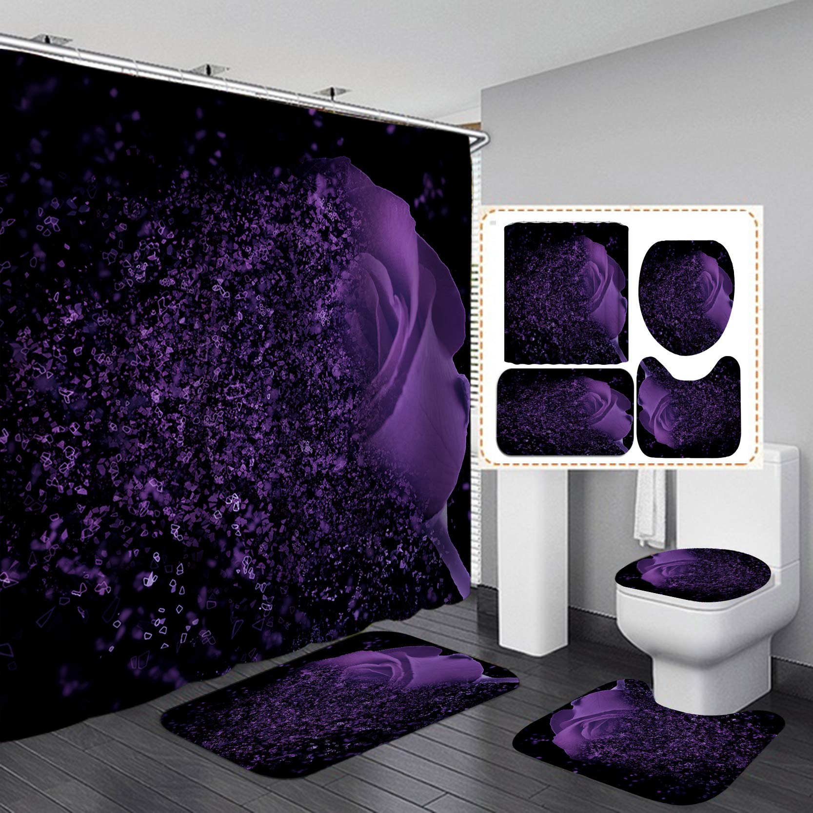 OLEBETY 4-Piece Rose Shower Curtain Set - Waterproof Floral Bathroom Decor with Non-Slip Rugs, Purple Polyester Fabric for Women's Romantic Bathroom - Perfect for Vintage, Farmhouse or Boho Style Bathrooms
