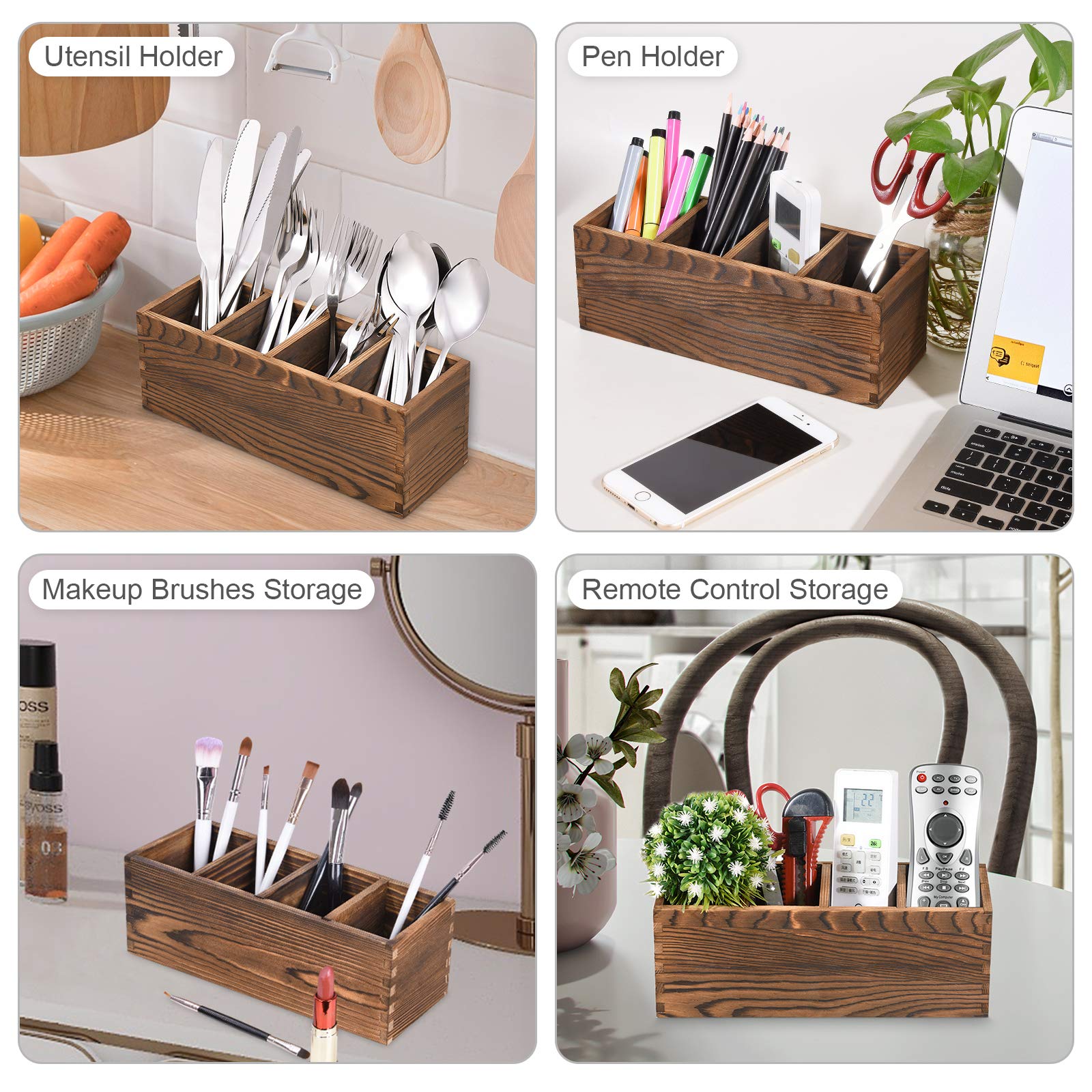 Wooden Silverware Caddy - Adjustable 4-Compartment Kitchen Utensil Organizer for Forks, Spoons & Knives | Perfect for Dining Table, Buffet Setup & Kitchen Counter Storage