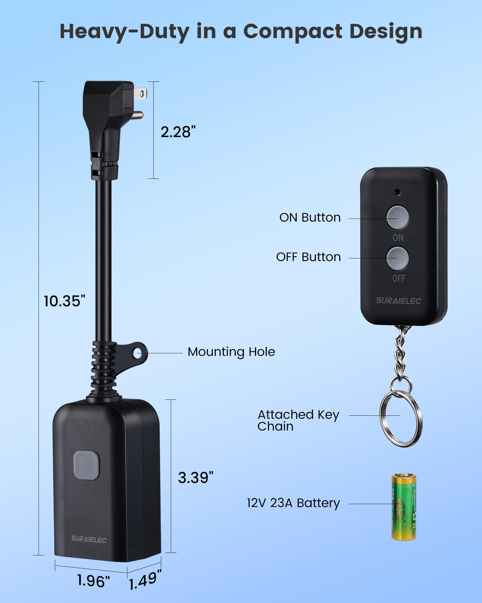 SURAIELEC Outdoor Remote Control Outlet - Wireless Waterproof Power Switch with 15 AMP, 100 FT Range (1 Remote + 1 Outlet) - Perfect for Outdoor Lights, Holiday Decorations, and Pool Equipment (Battery Included)