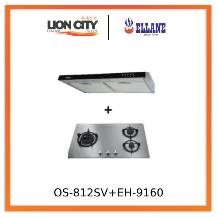 Ellane 60cm/90cm Slimline Range Hood with Black Glass Panel EH 9160 + Ellane OS 812SV 86cm 3-Burner Gas Cooktop - Modern Kitchen Ventilation & Cooking Combo for Home Chefs