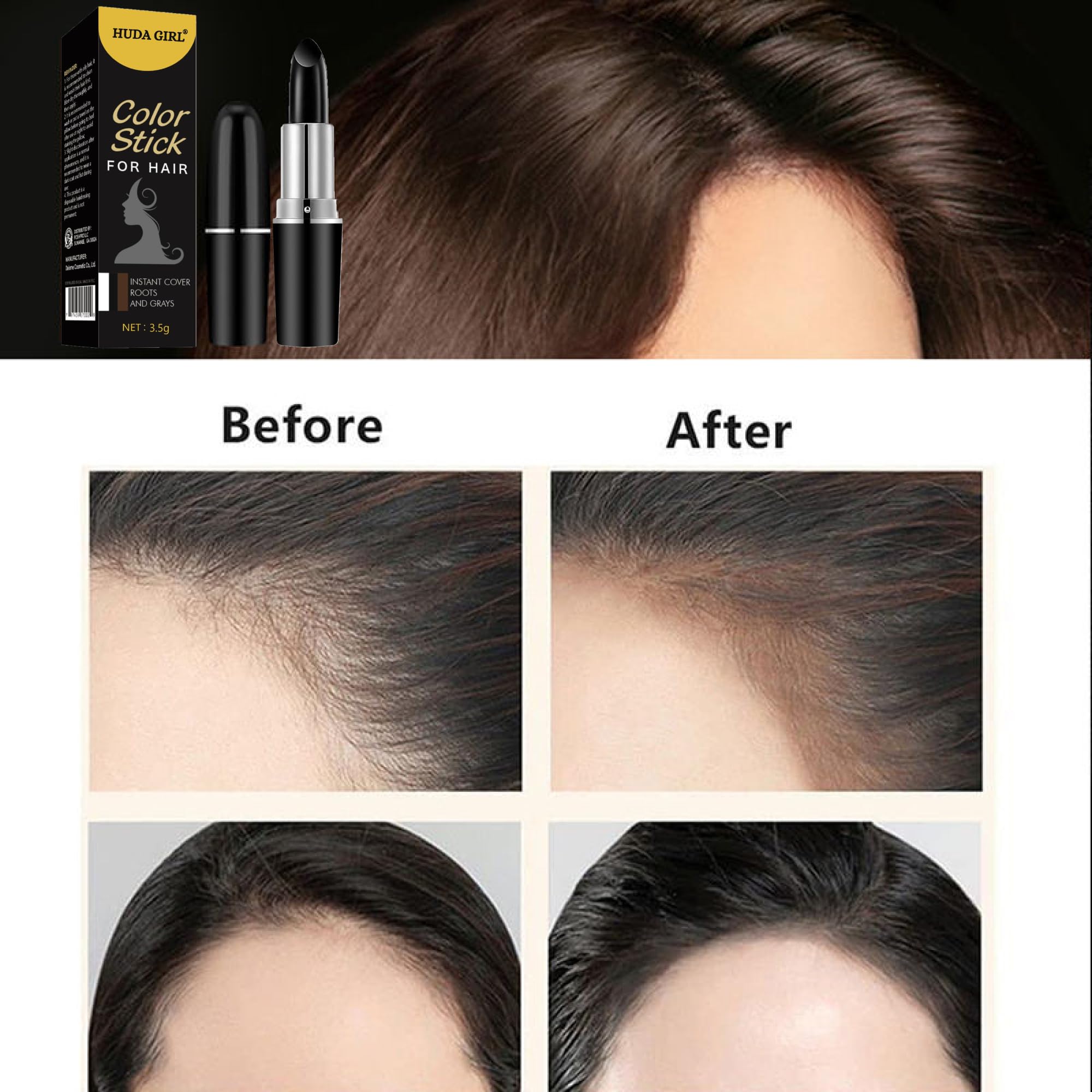 Huda Girl Natural Hair Color Root Touch Up for Grey Hair - Non-Toxic White Hair Coverage Dye Pencil for Men & Women (Black, 1 Count) - Quick & Easy Hair Root Concealer for Everyday Use, Travel & On-the-Go Touch Ups