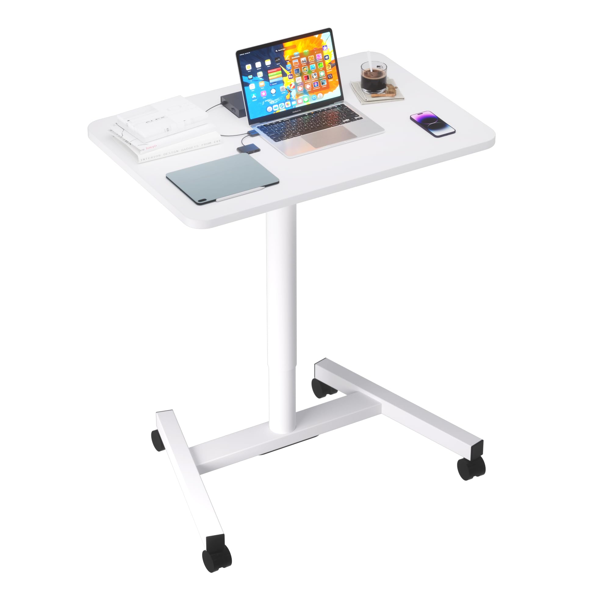 28-Inch Adjustable Height Mobile Standing Desk with Lockable Wheels - Portable Rolling Workstation for Home Office, Classroom, Hospital - Perfect for Remote Work, Study & Healthcare (Snow White)