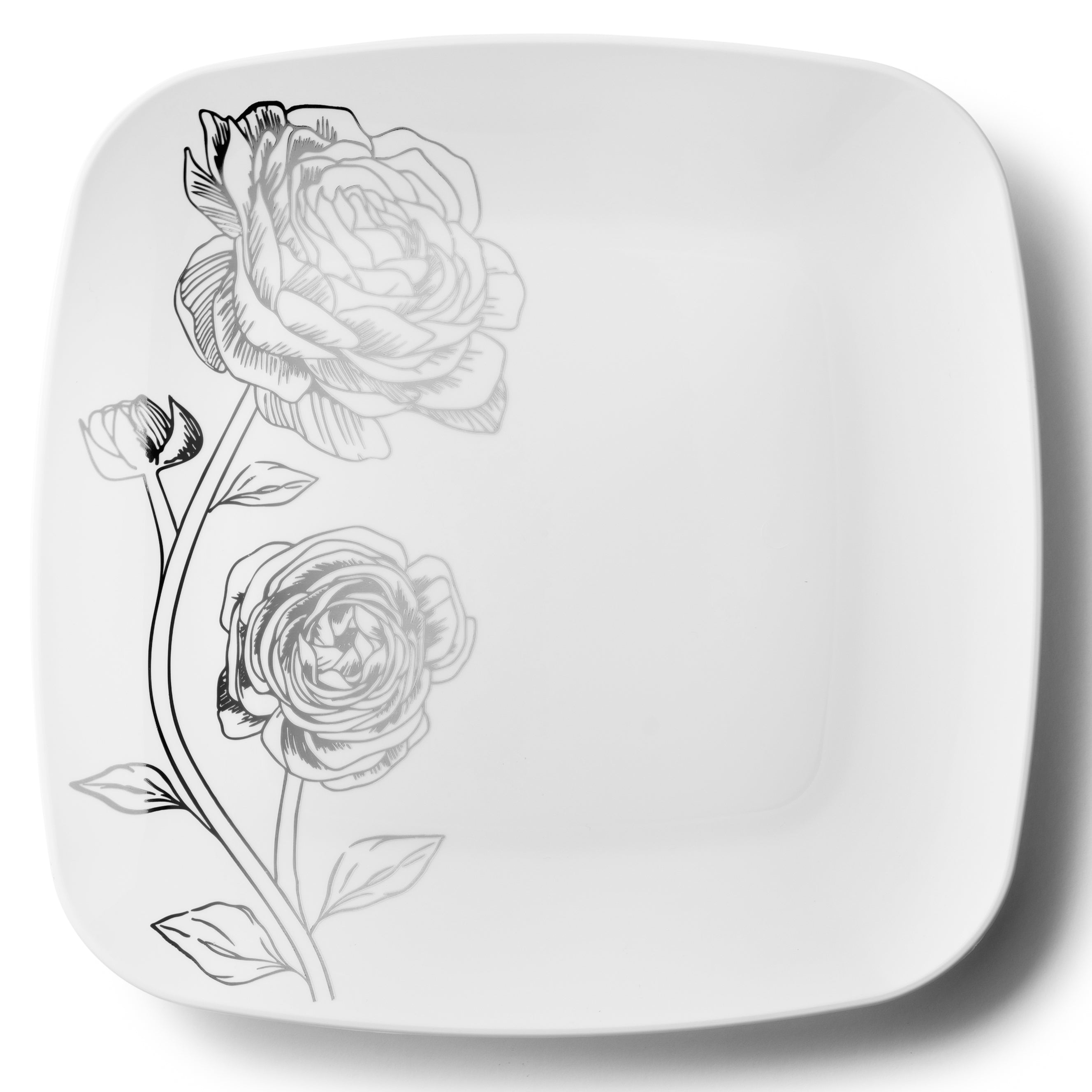 White and Silver Square Plastic Plates - Elegant Peony Design for Parties, Weddings, and Outdoor Dining - Durable Disposable Tableware for Events and Gatherings