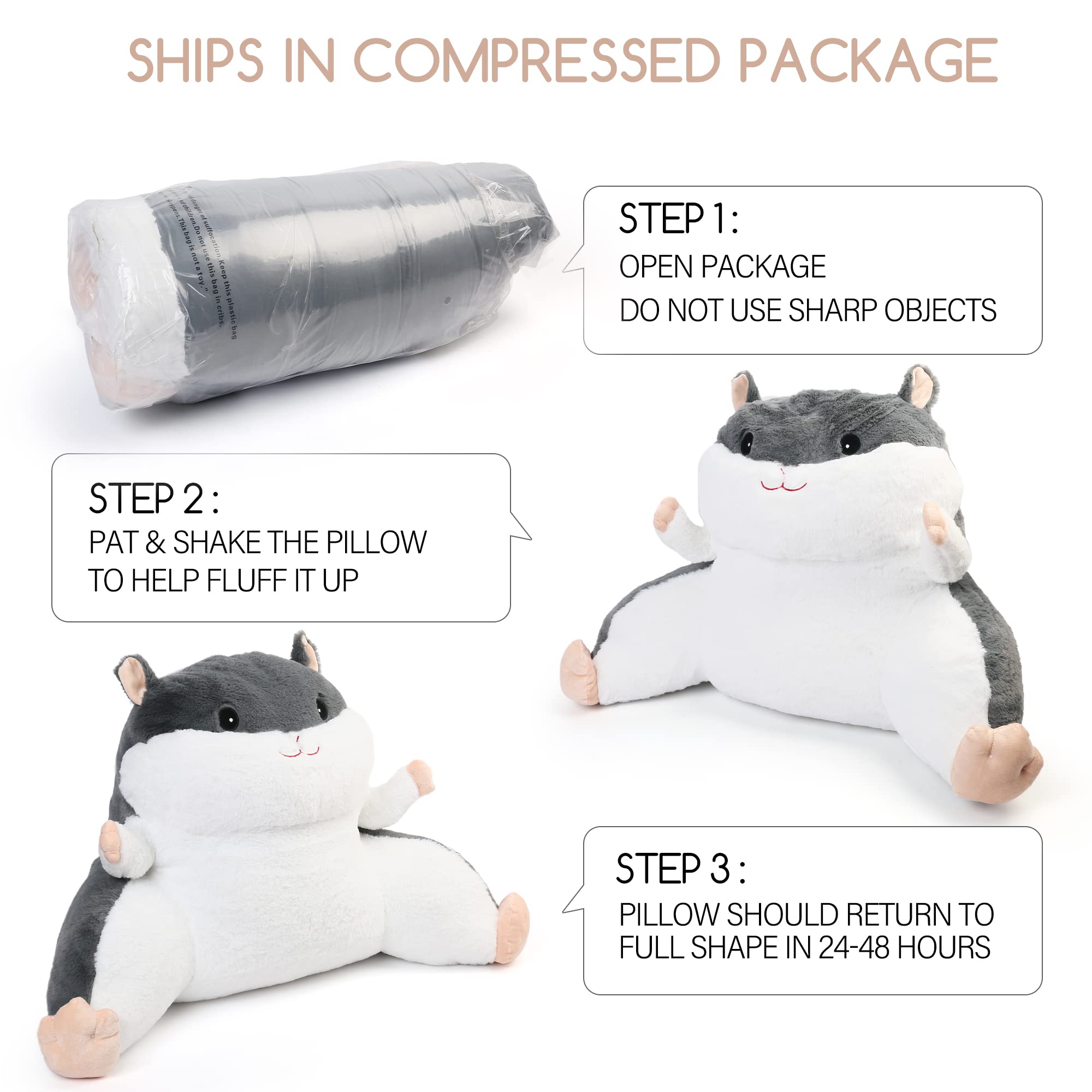 BenBen Reading Pillow for Kids, Teens & Adults - Soft Plush Bed Rest Pillow with Arms & Hamster Pattern - Perfect for Sitting Up in Bed, Reading, Watching TV & Relaxing