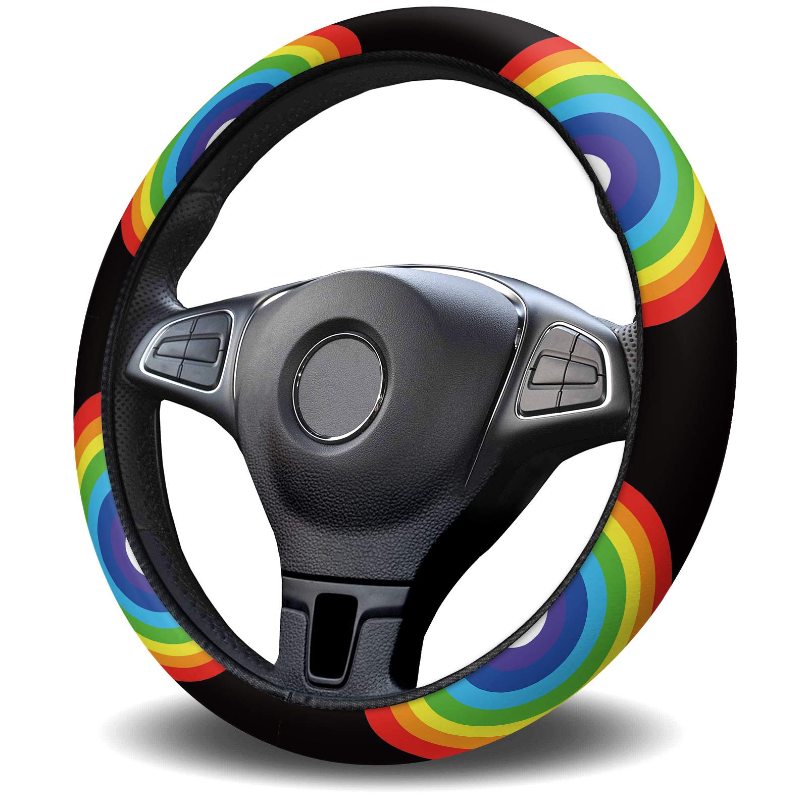 Colorful Rainbow Cartoon Funny Universal Steering Wheel Cover for Women & Men - 15 Inch Custom Car Steering Protector for Truck & Sedan - Multicolor Abstract Design for Comfort & Style | Perfect for Daily Commute & Road Trips
