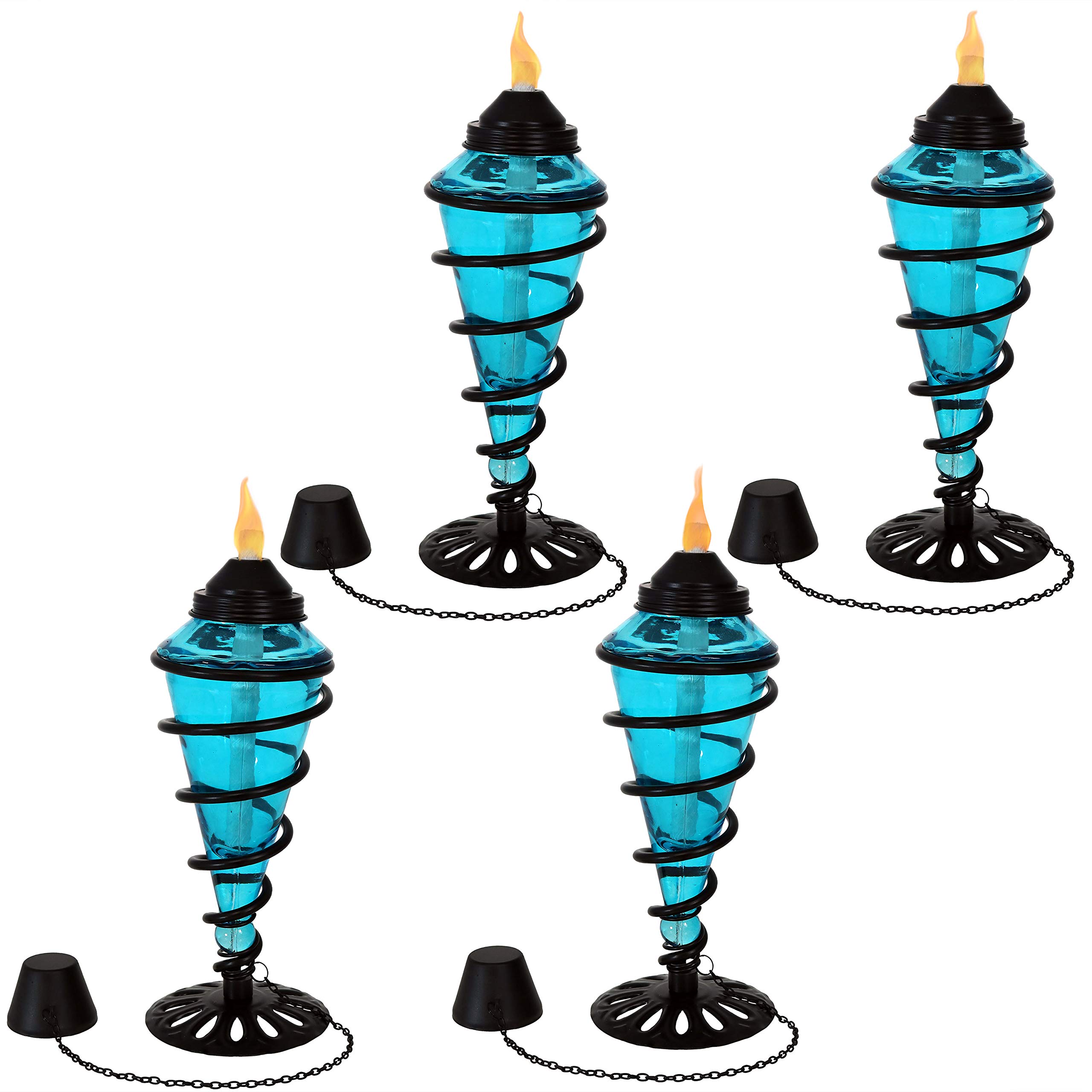 Sunnydaze Decorative Outdoor Torches - Set of 4 Blue Swirling Metal & Glass Tabletop Torches for Patio, Garden, Lawn, Backyard, Poolside Lighting and Ambiance