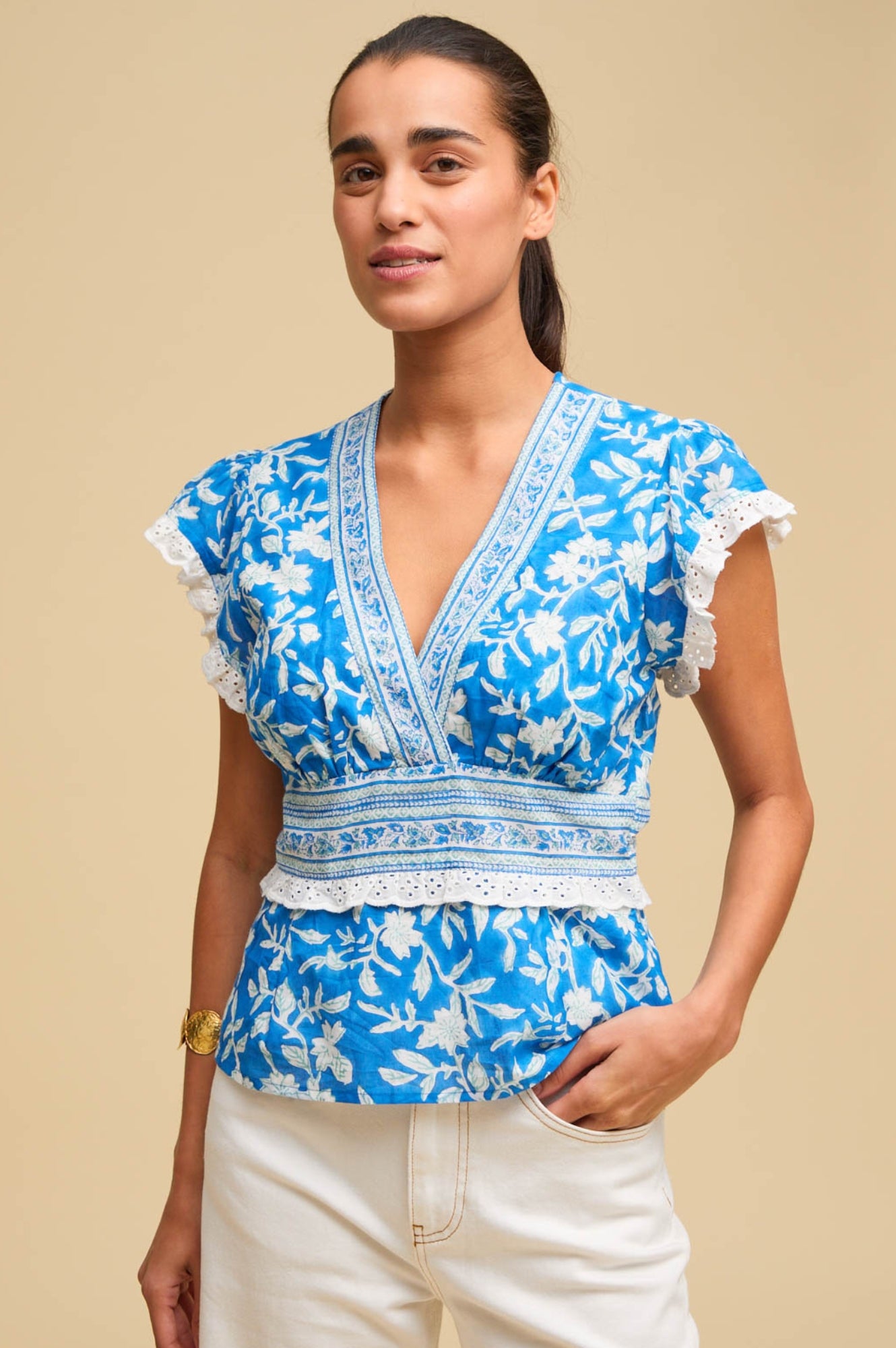 Pippa Block Print Top | Japanese Flower Cobalt Blue Women's Blouse | Perfect for Casual Wear, Summer Outfits & Boho Fashion