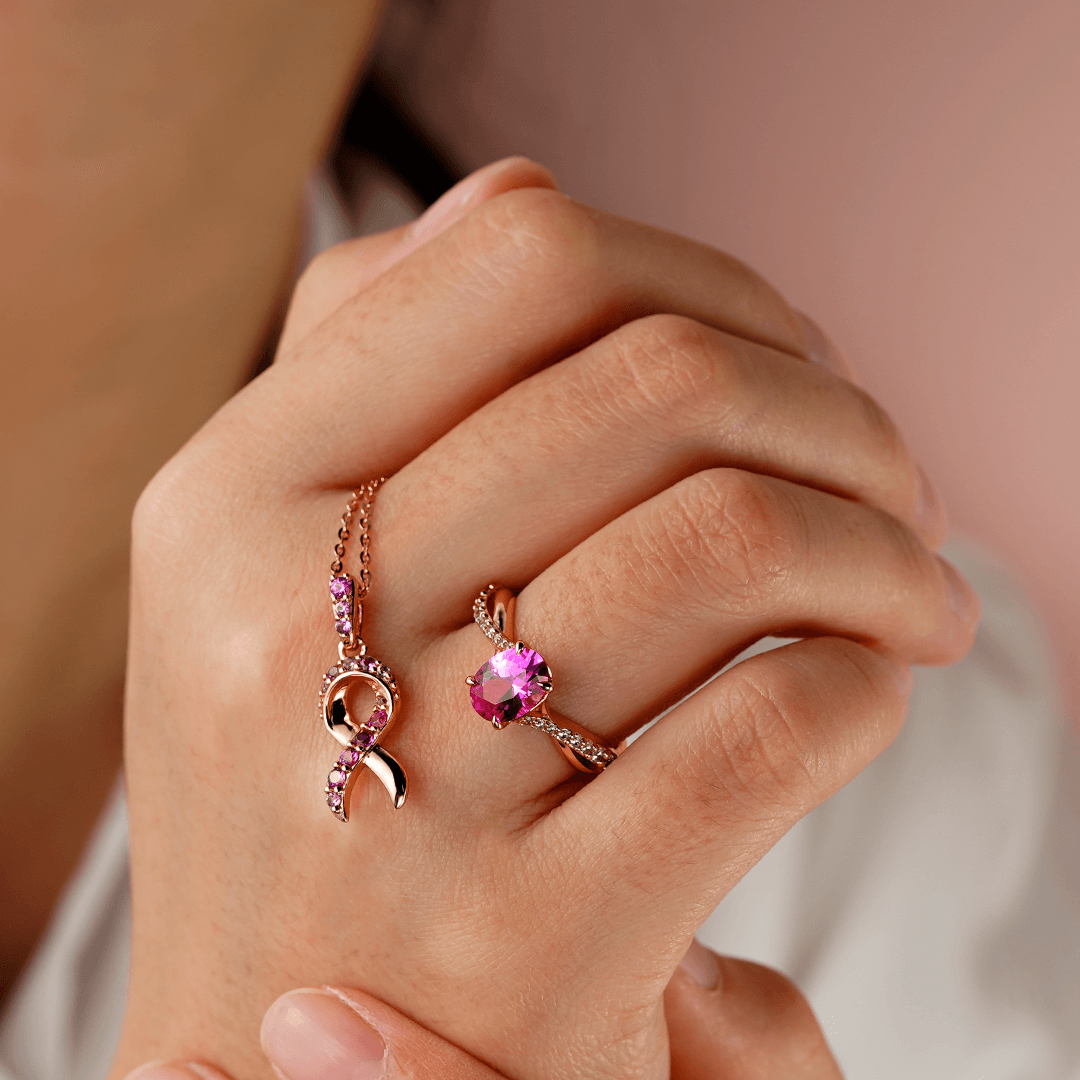 Faith Over Fear Rose Gold Ribbon Necklace with Pavé Pink Sapphires - Elegant Jewelry for Women, Gift for Her, Perfect for Daily Wear & Special Occasions
