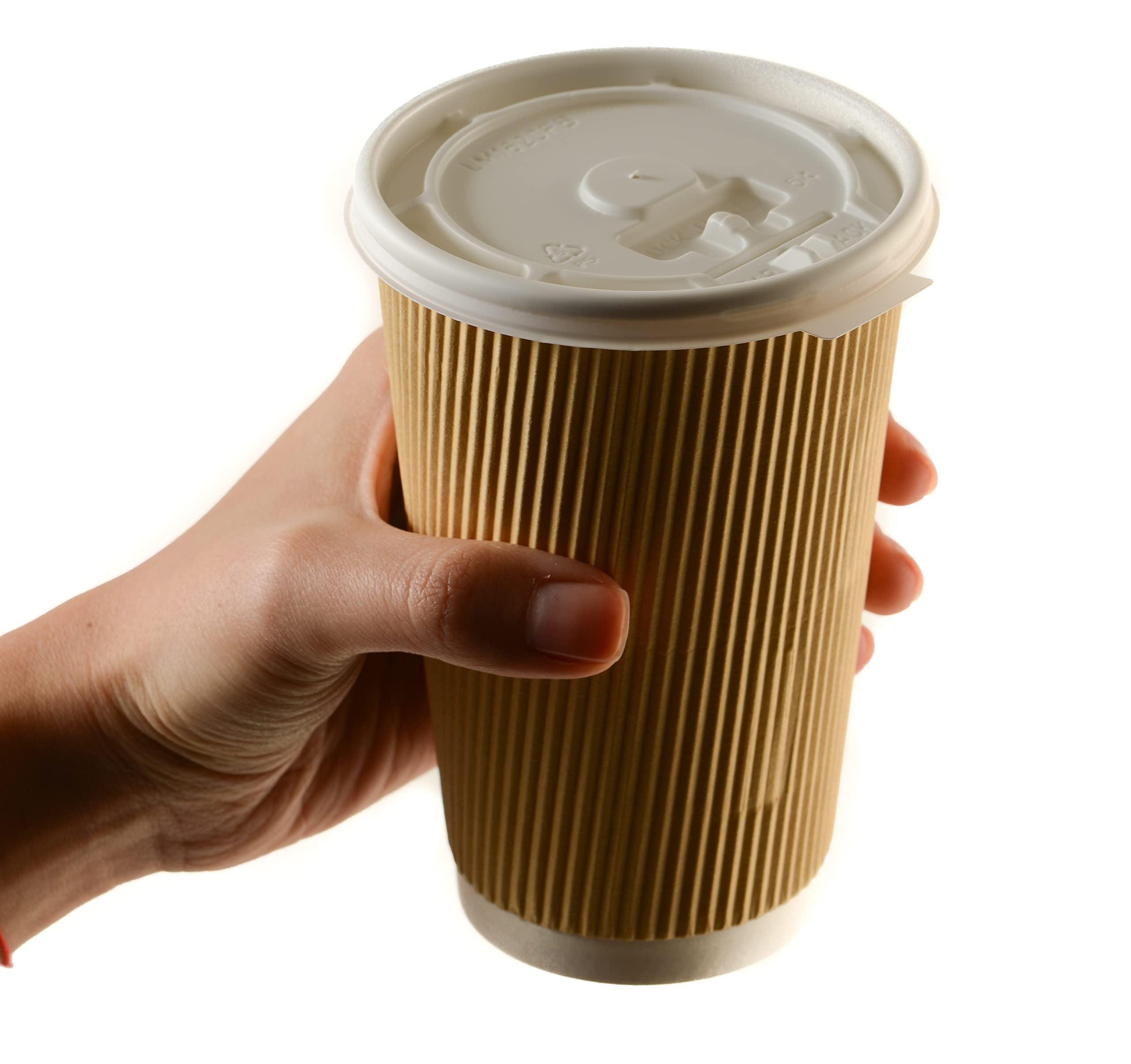 16oz Eco-Friendly Disposable Ripple Paper Coffee Cups with White Flat Lids - Double Walled Insulated Hot Beverage Cups for Coffee, Tea, Hot Chocolate - Biodegradable To-Go Cups for Office, Cafes, Catering (250 Pack)