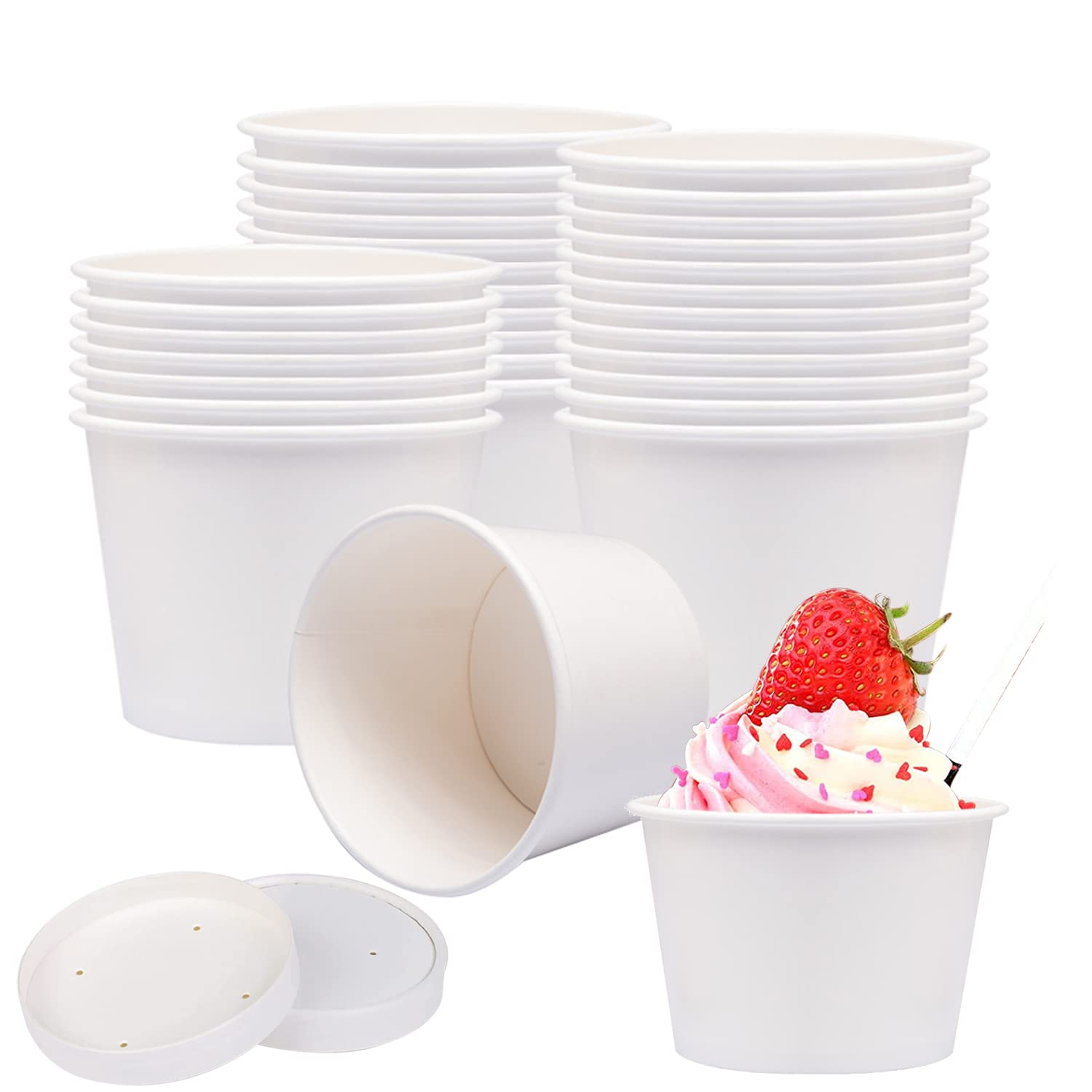 50-Pack 12 oz Disposable White Ice Cream Cups with Lids - Medium Hot & Cold Paper Food Containers for Takeout, Desserts, Parties, and Catering