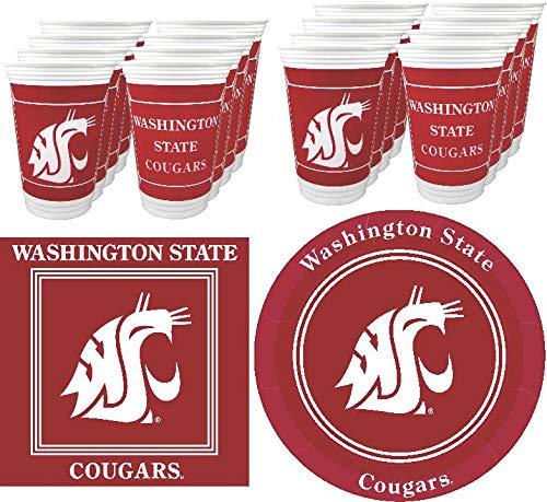Washington State Cougars Officially Licensed Party Supplies Set - 48 Pieces (16 oz. Plastic Cups, 9