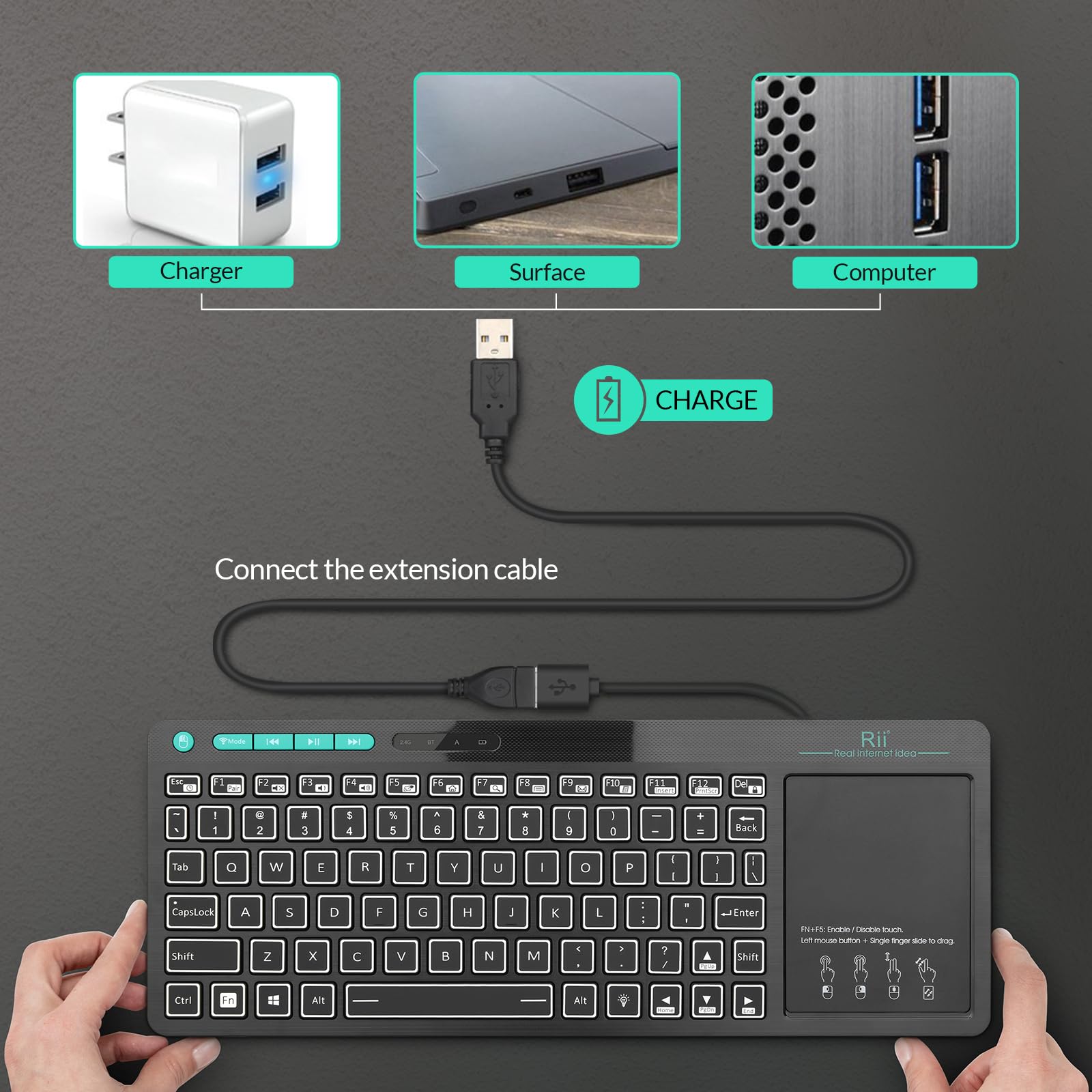 Rii Wireless Bluetooth Keyboard with Touchpad & LED Backlight - Rechargeable Big Trackpad Keyboard for Android TV Box, Smart TV, Xbox, Raspberry Pi, PC, Tablet, HTPC | Compatible with Android, Windows, macOS | Perfect for Home Entertainment & Office Work
