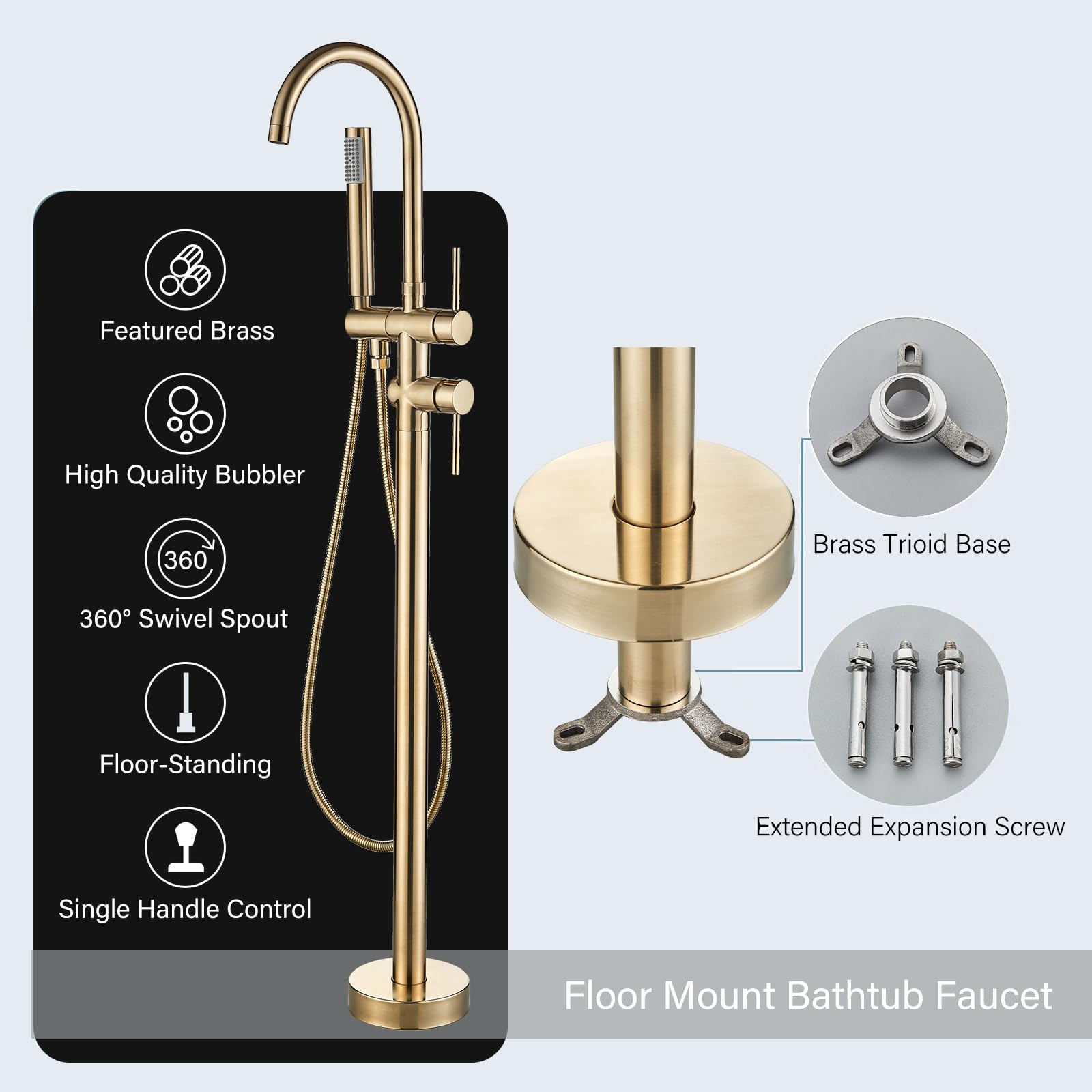 YAGATAP Freestanding Bathtub Faucet - Floor Mount Tub Filler with Handheld Shower Mixer - Brushed Gold Finish - High Flow Waterfall Spout - Perfect for Modern Bathroom & Spa Relaxation