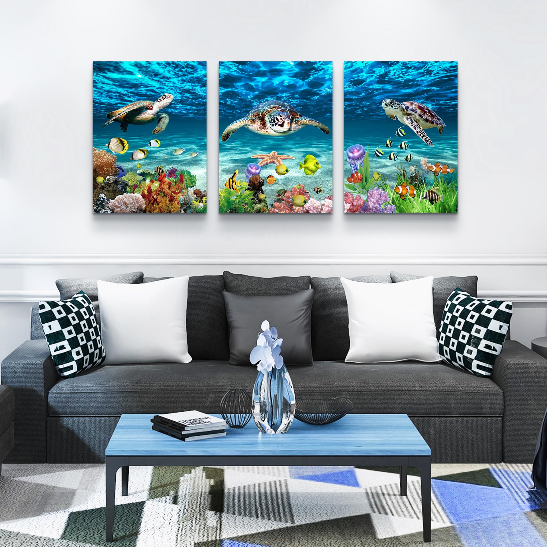 Lapremoly Canvas Wall Art - 3 Piece Ocean Sea Turtle Scenery Paintings for Bedroom, Living Room, Bathroom & Office Decor | Modern Ready-to-Hang Wall Decor for Home & Family | Perfect for Coastal, Beach House & Nature-Themed Interior Design