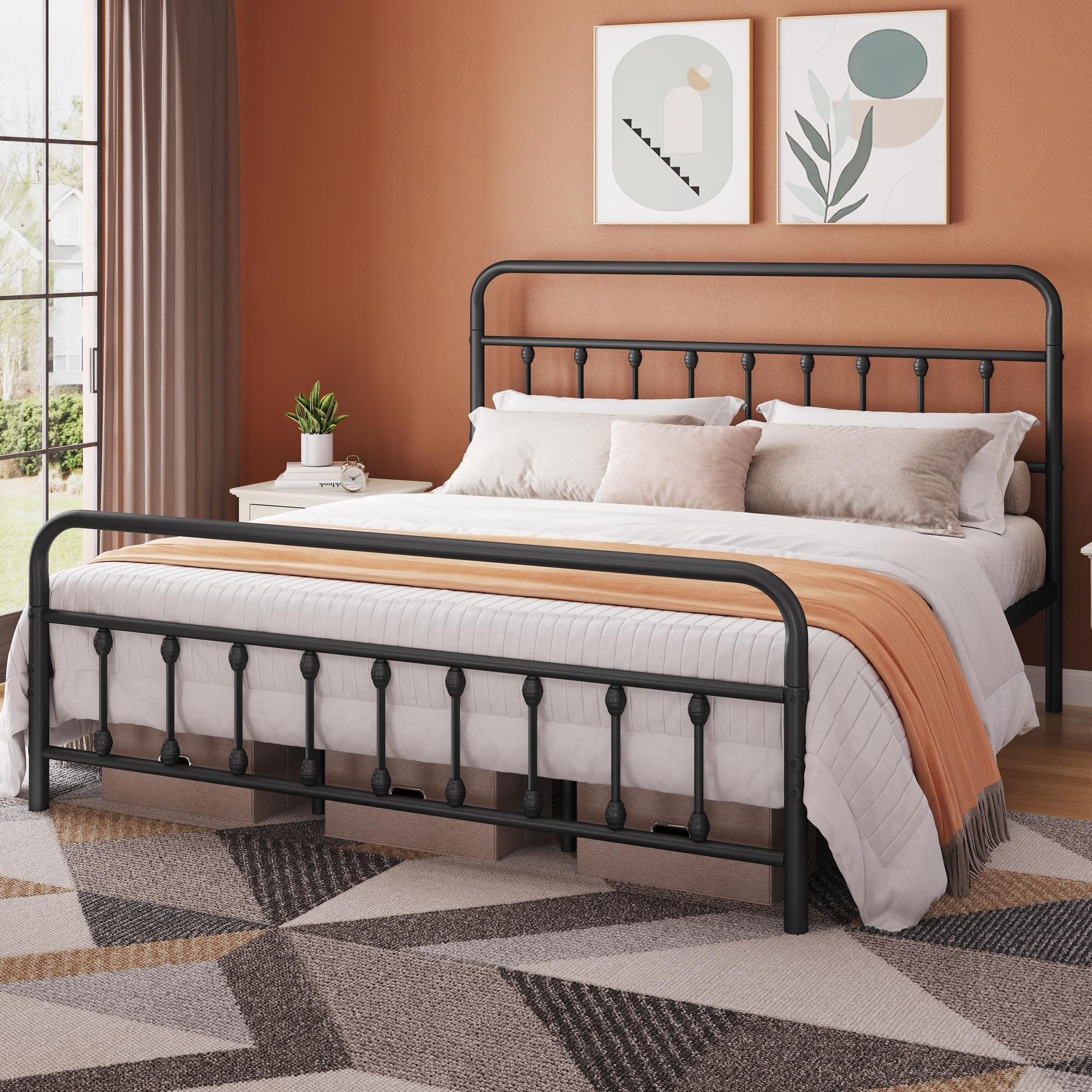 Topeakmart King Size Victorian Style Metal Bed Frame with Headboard - No Box Spring Needed, Sturdy Slat Support & Under Bed Storage - Perfect for Master Bedrooms, Guest Rooms & Small Spaces (Black)