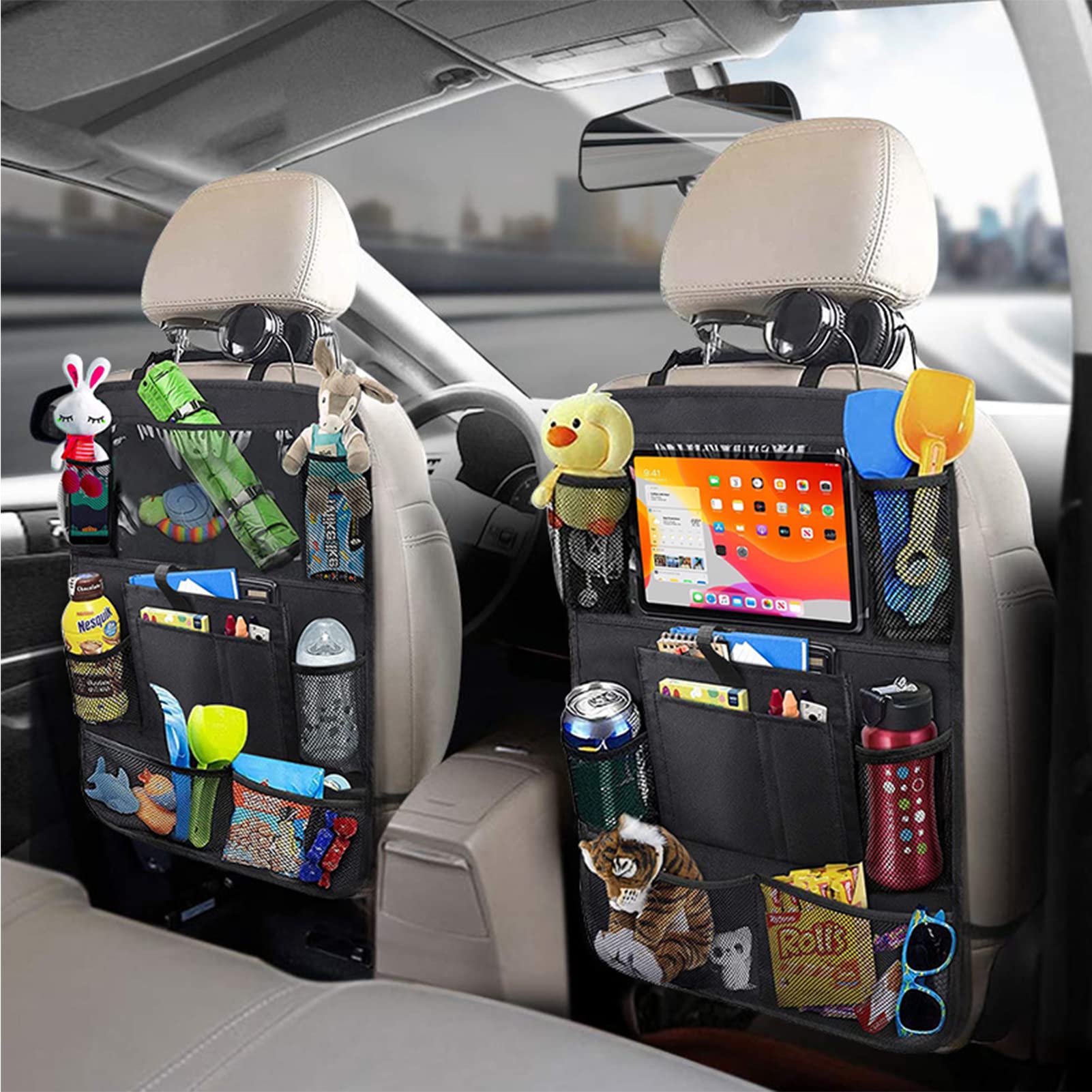 Durable Waterproof Car Backseat Organizer with Tablet Holder - 2 Pack Oxford Fabric Storage for Kids Toys & Snacks - 8 Mesh Pockets & 2 Large Pockets - Perfect for Road Trips & Family Travel Accessories
