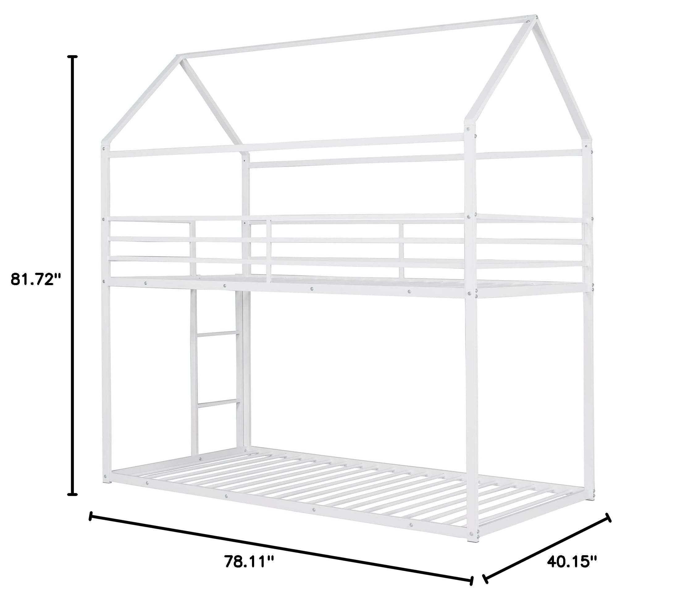 Merax Twin Over Twin Metal Bunk Bed with Roof & Built-in Ladder - No Box Spring Needed, White - Perfect for Kids' Bedrooms, Dorm Rooms & Space-Saving Home Furniture