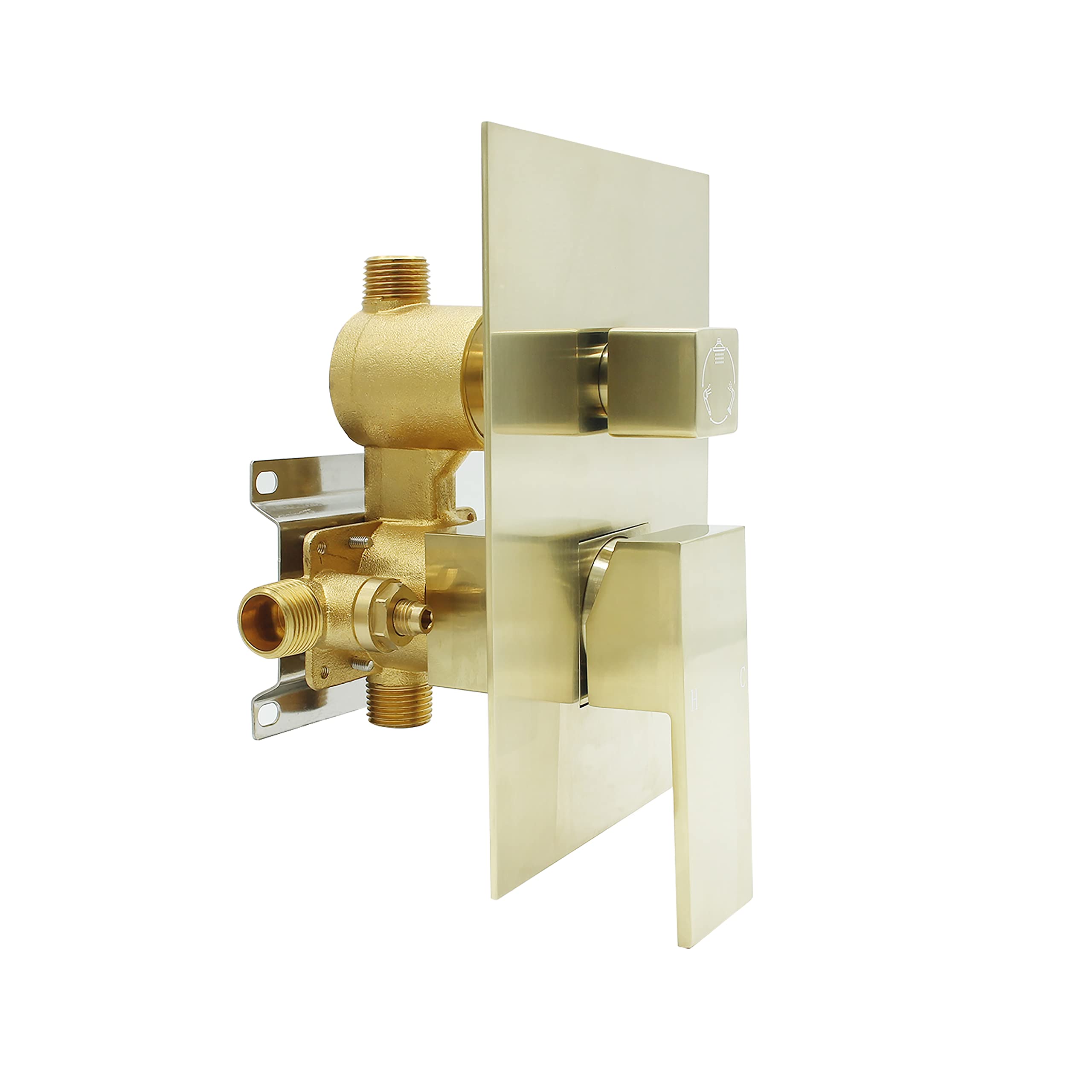 Brushed Gold 3-Way Shower Valve - Concealed Brass 3-Outlet Diverter Valve with Flow Control - Mixer Rough-In Shower Valve Kit for Bathroom, Spa, and Luxury Shower Systems