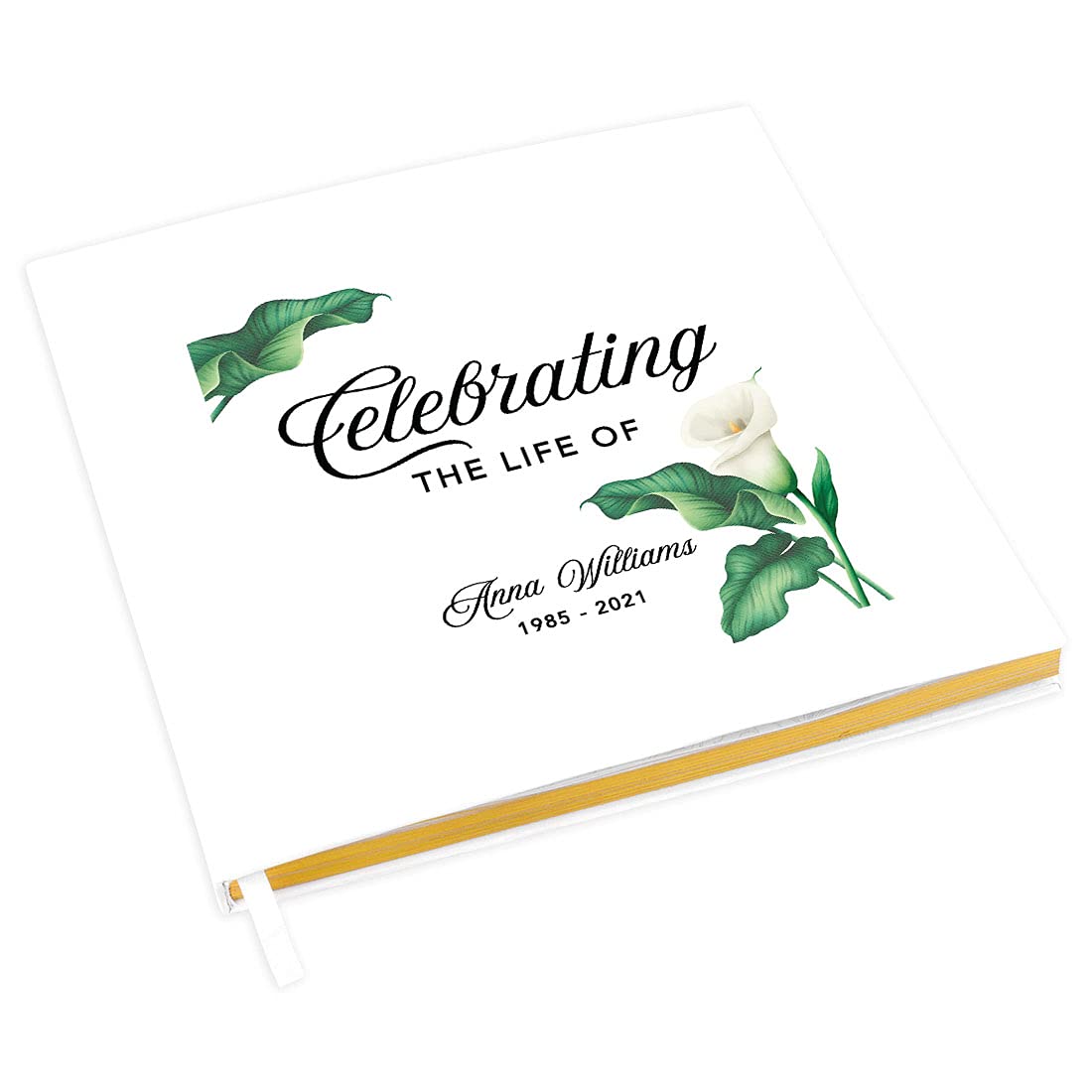 Personalized Memorial Guest Book with Gold Accents - 120 Page 8.5x8.5 Inch Keepsake Album for Funeral Services, Celebration of Life Events, DIY Scrapbooking & Photo Memories | White Lily Design Guest Sign-in Registry