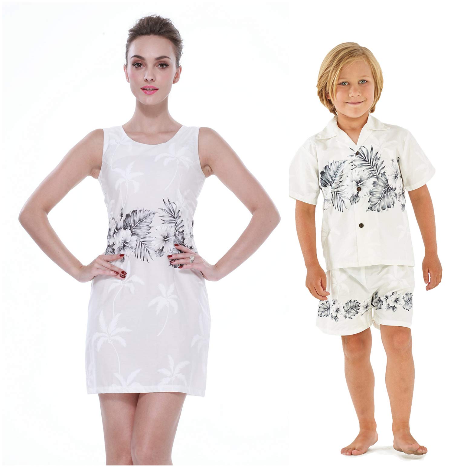 Hawaii-Made Matching Mother & Son Cabana Dress Shirt Set - Golden Hibiscus Print | Beach Vacation, Family Photos, Tropical Theme Parties