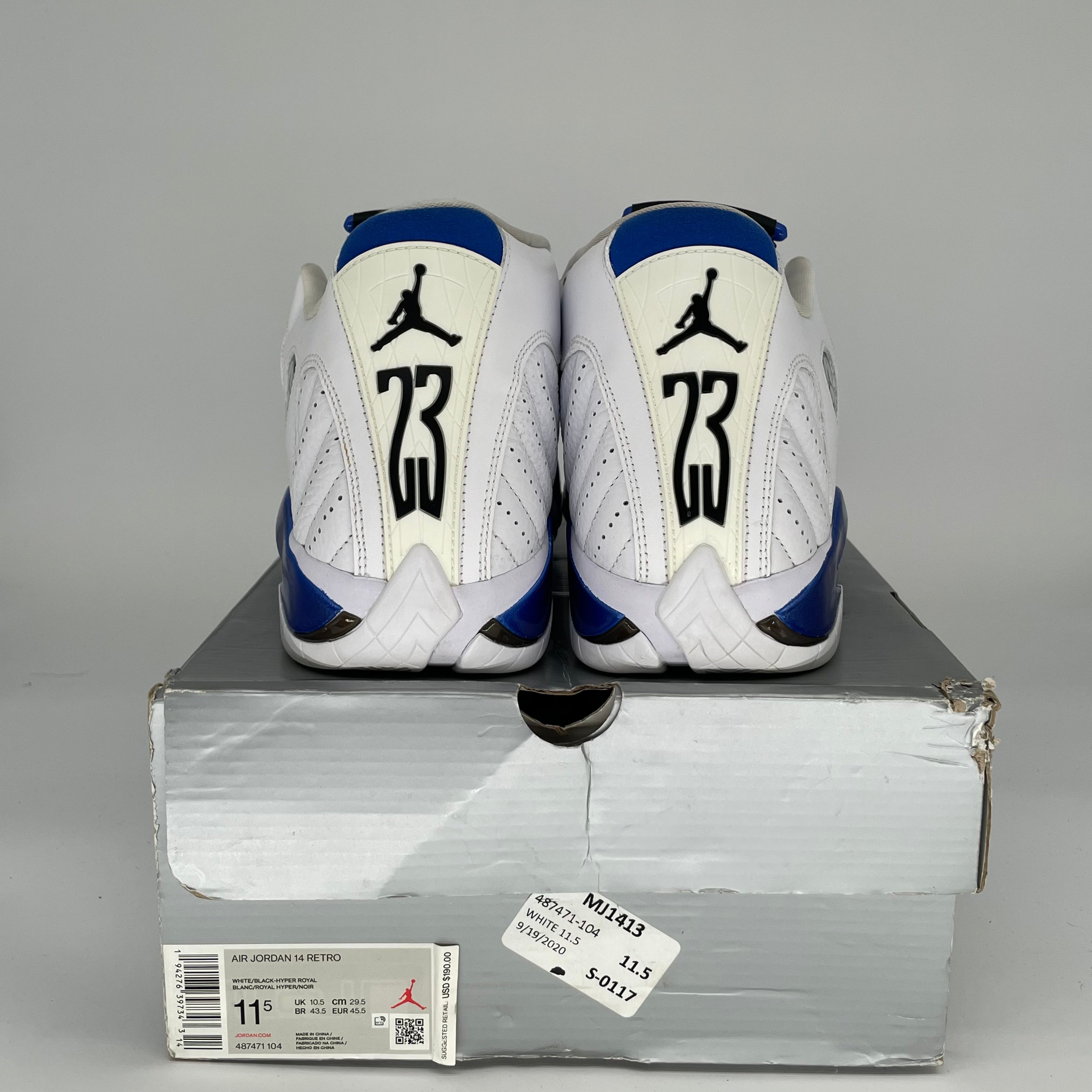 Original Title: AIR JORDAN 14 WHITE HYPER ROYAL SIZE 11.5 487471 104   Optimized Title: **Air Jordan 14 Retro Men's Basketball Shoes - White/Hyper Royal - Size 11.5 (487471-104) | Perfect for Streetwear & Court Performance**