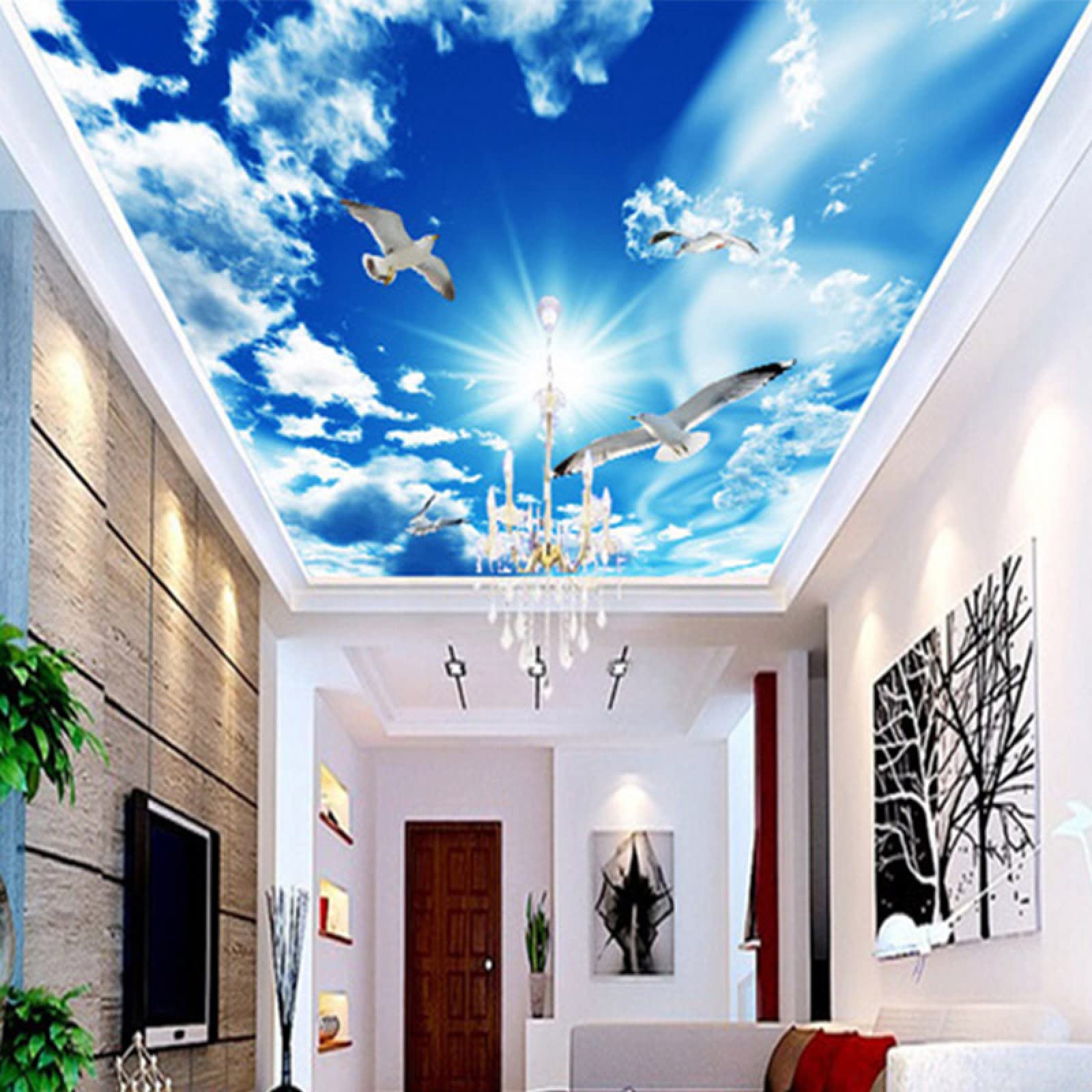 3D Blue Sky White Clouds Mural Wallpaper with Doves - Nature Landscape Photo for Ceiling & Walls - Waterproof Home Decor (118