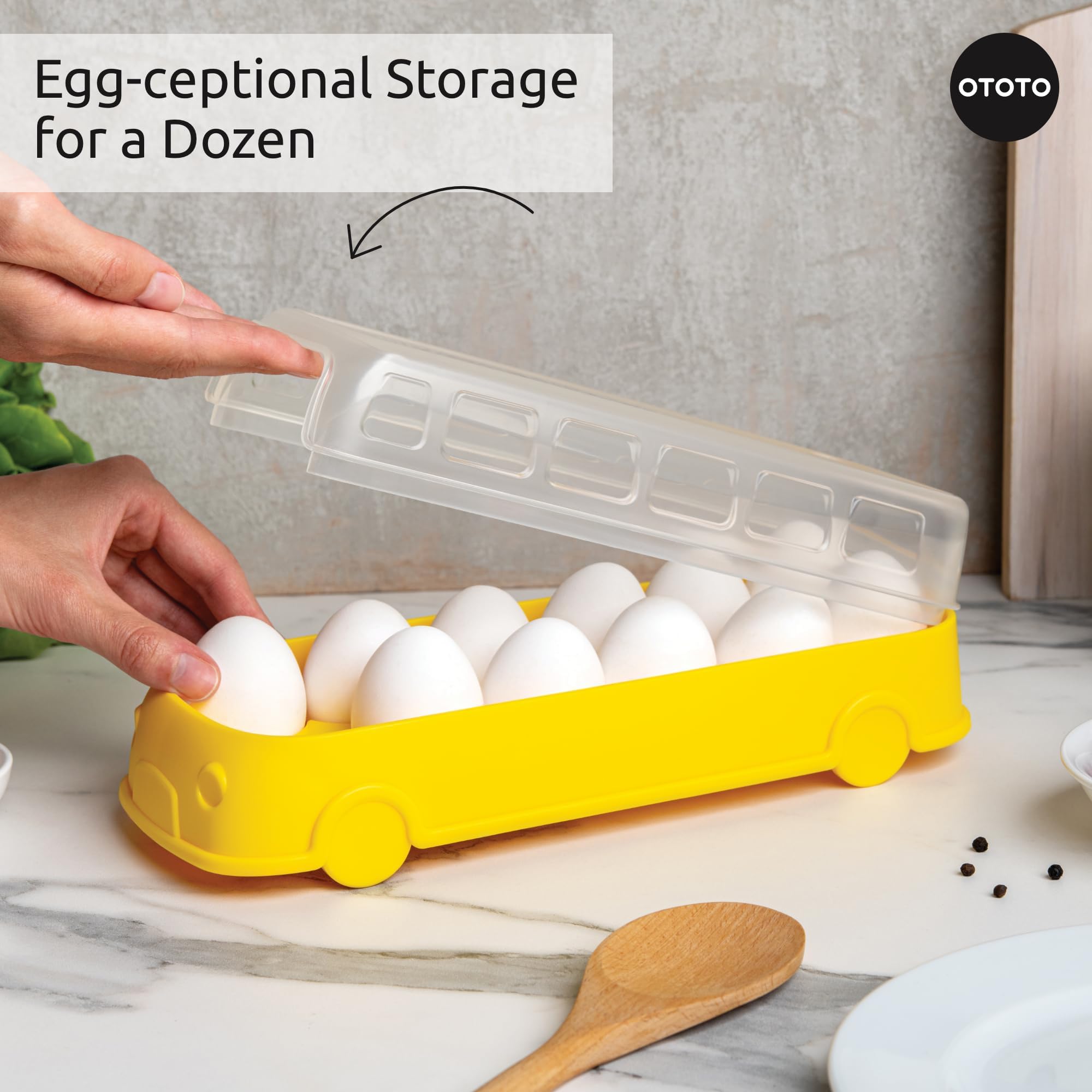 OTOTO Scrambled Bus 12 Egg Holder - Refrigerator Egg Storage Container, Cute Kitchen Organizer & Unique Cooking Gadget - Perfect for School Bus Themed Gifts, Breakfast Meal Prep & Fun Kitchen Decor