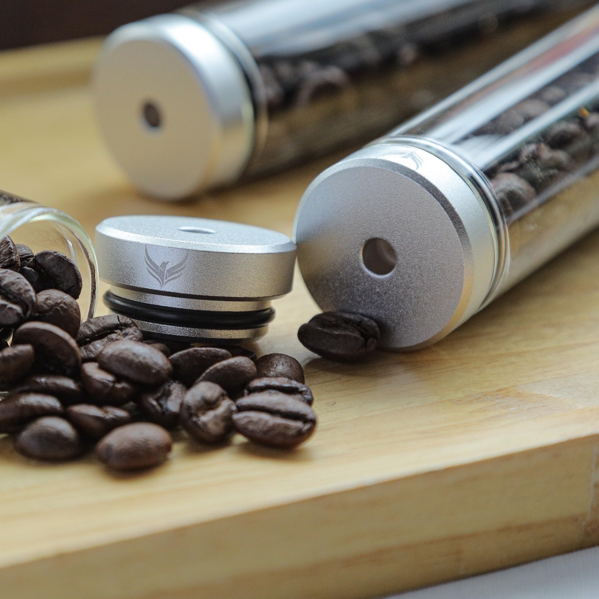 12-Pack Single Dose Coffee Bean Storage Tubes - Glass Espresso Dosing Vials with One-Way Valve Lids, Walnut Stand & Stainless Steel Funnel - Perfect for Fresh Coffee Bean Storage & Barista Organization at Home or Café